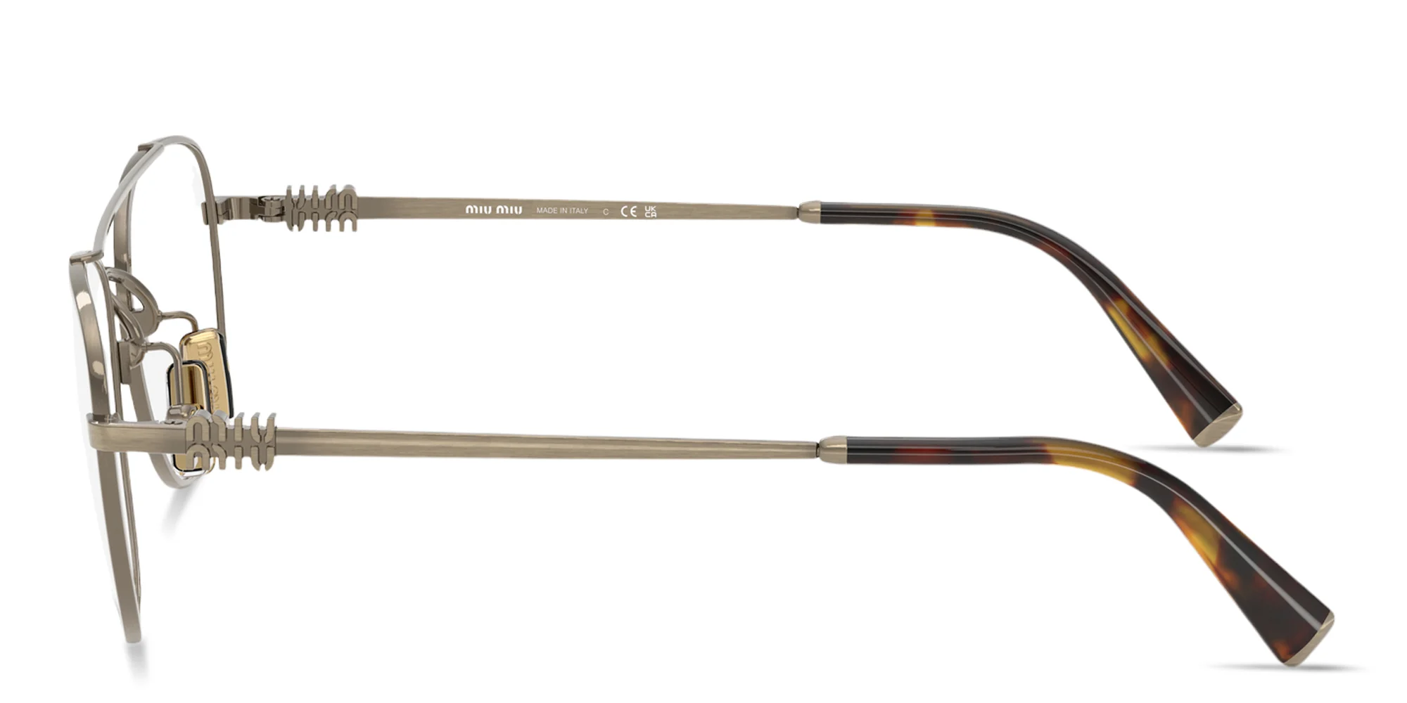 Shop MIU MIU Vertical Logo Square Eyeglasses in Antique Gold online.