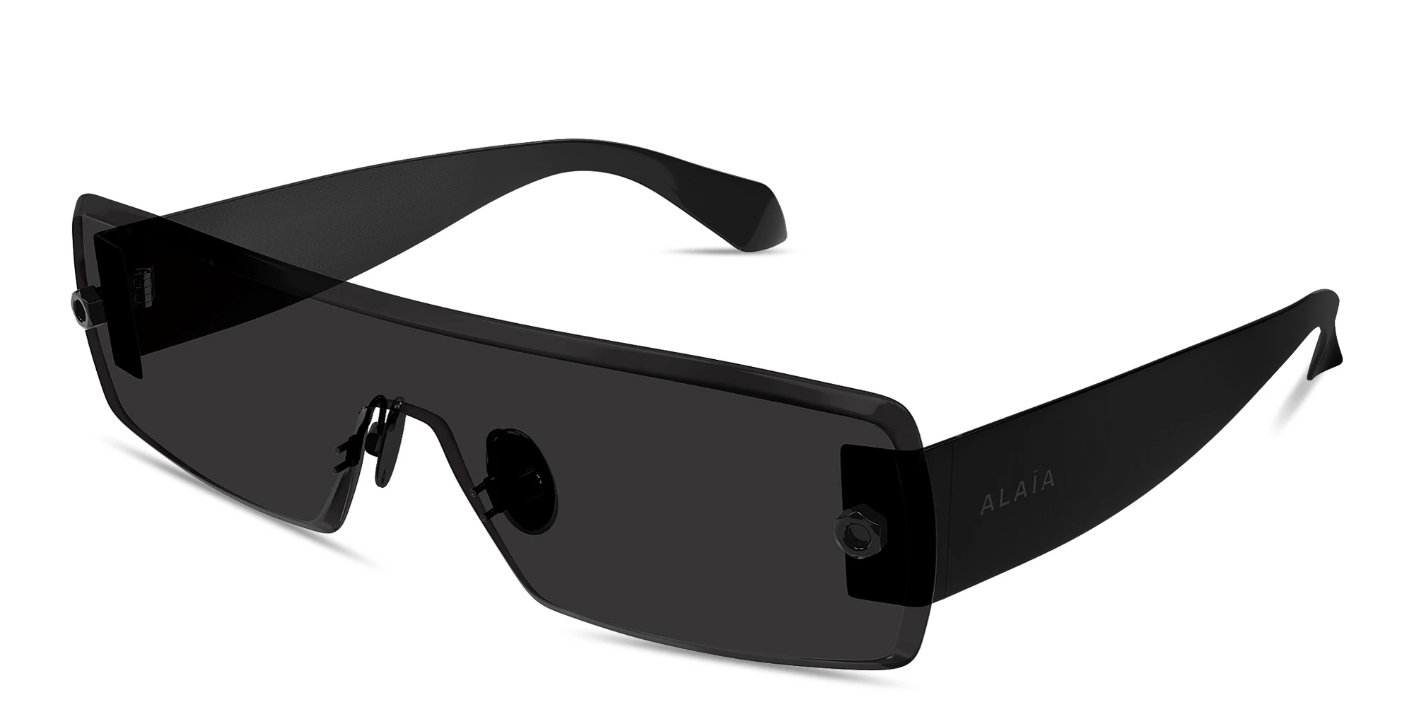 Shop ALAIA Logo Signature Rimless Wide Rectangle Sunglasses in Black online.