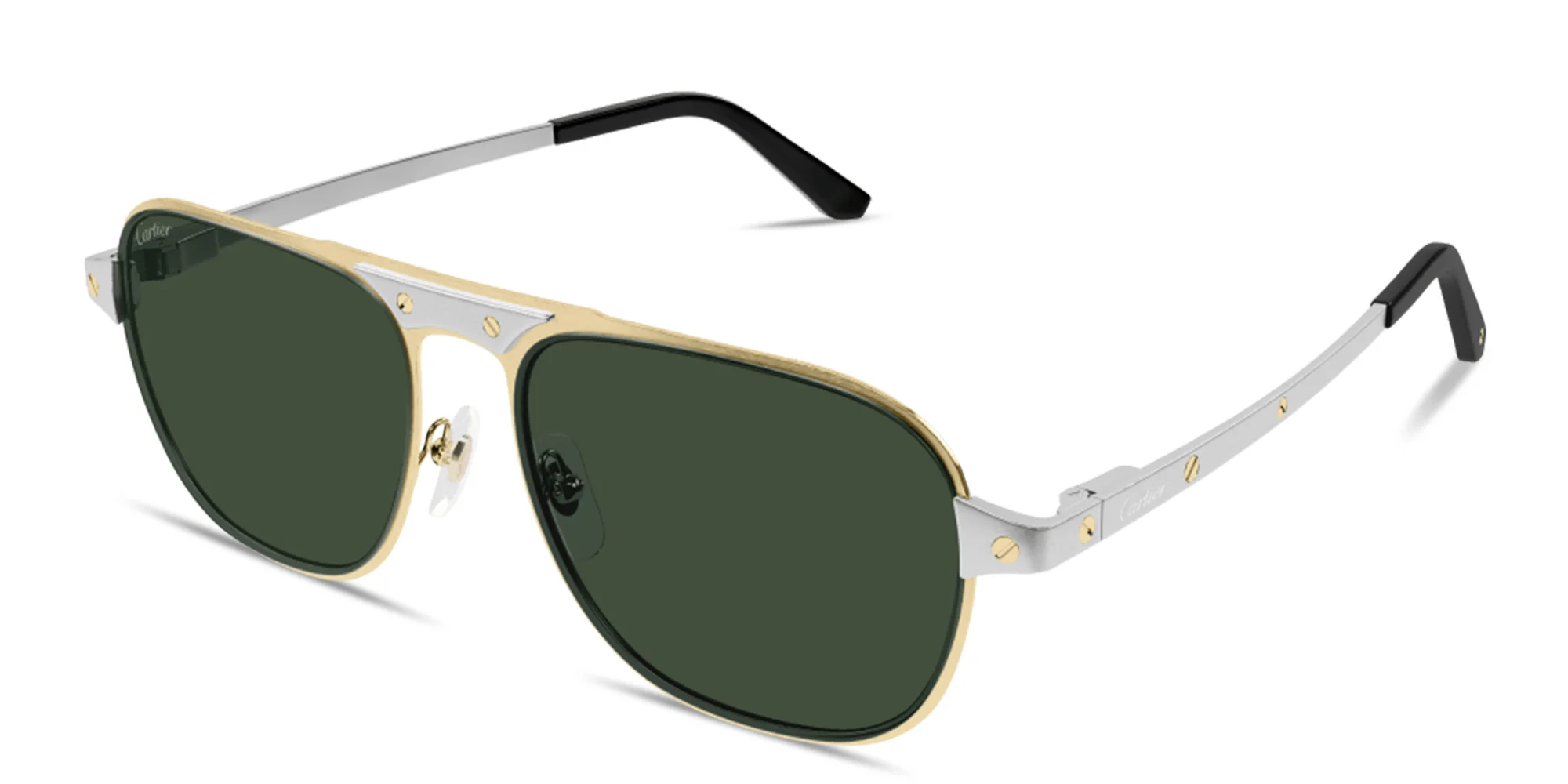 Shop Cartier Santos de Cartier Rectangle Sunglasses in Gold & Silver online.