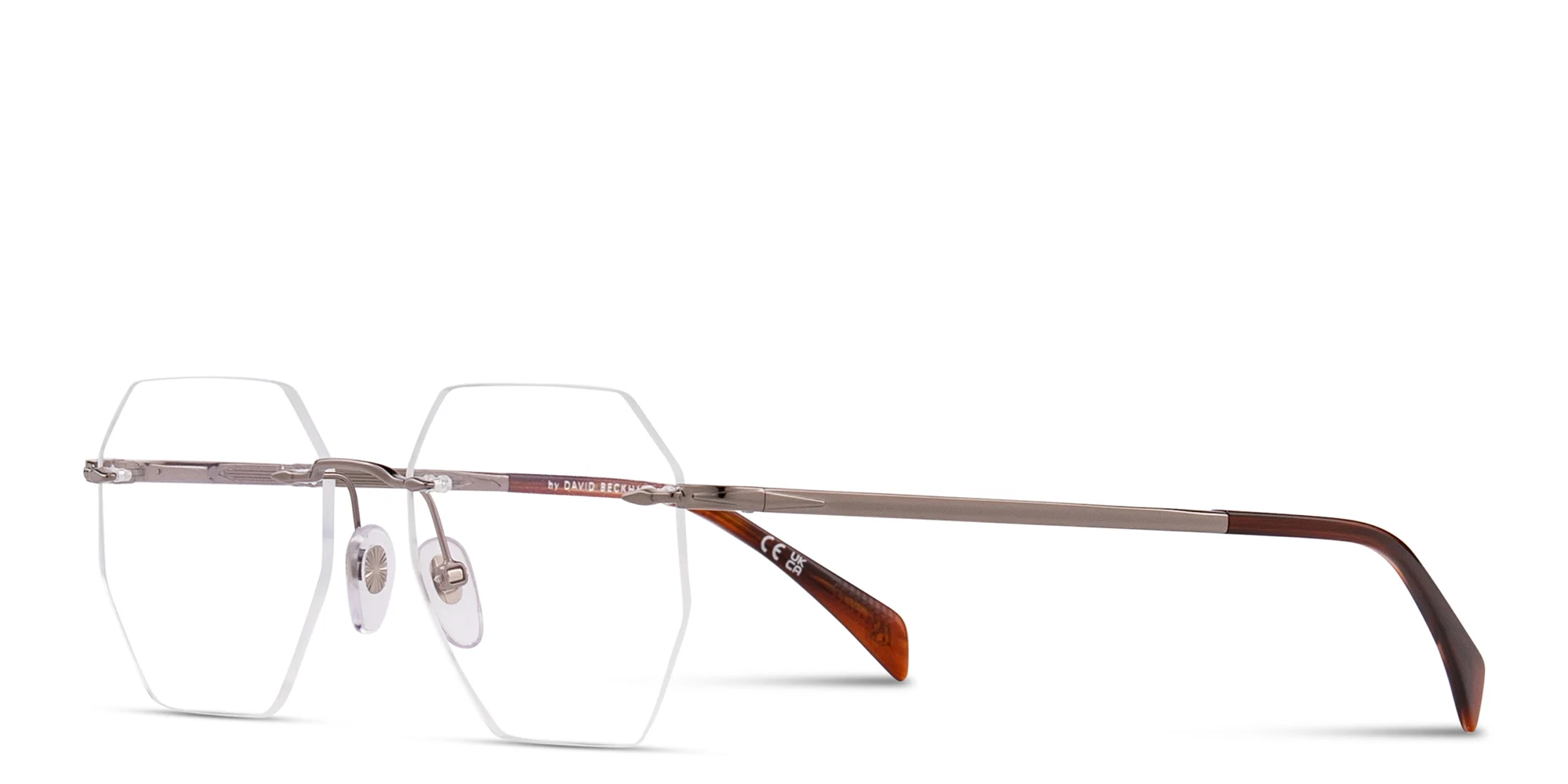 Shop DAVID BECKHAM Talisman Rimless Irregular Eyeglasses in Ruthenium online.