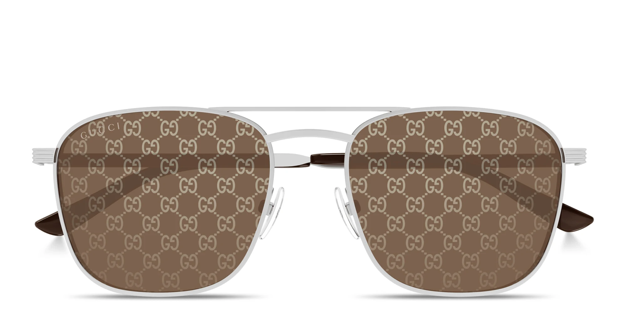 Shop GUCCI Engraved Logo Square Sunglasses in Silver online.