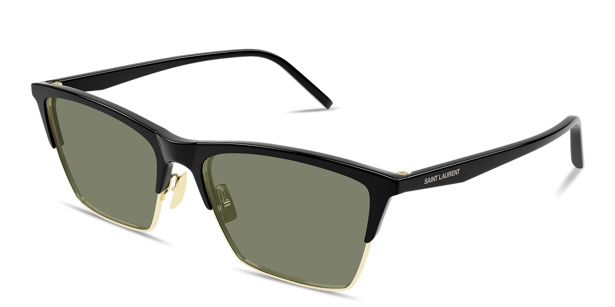 Shop SAINT LAURENT Logo Lettering Cat-Eye Sunglasses in Black Gold online.
