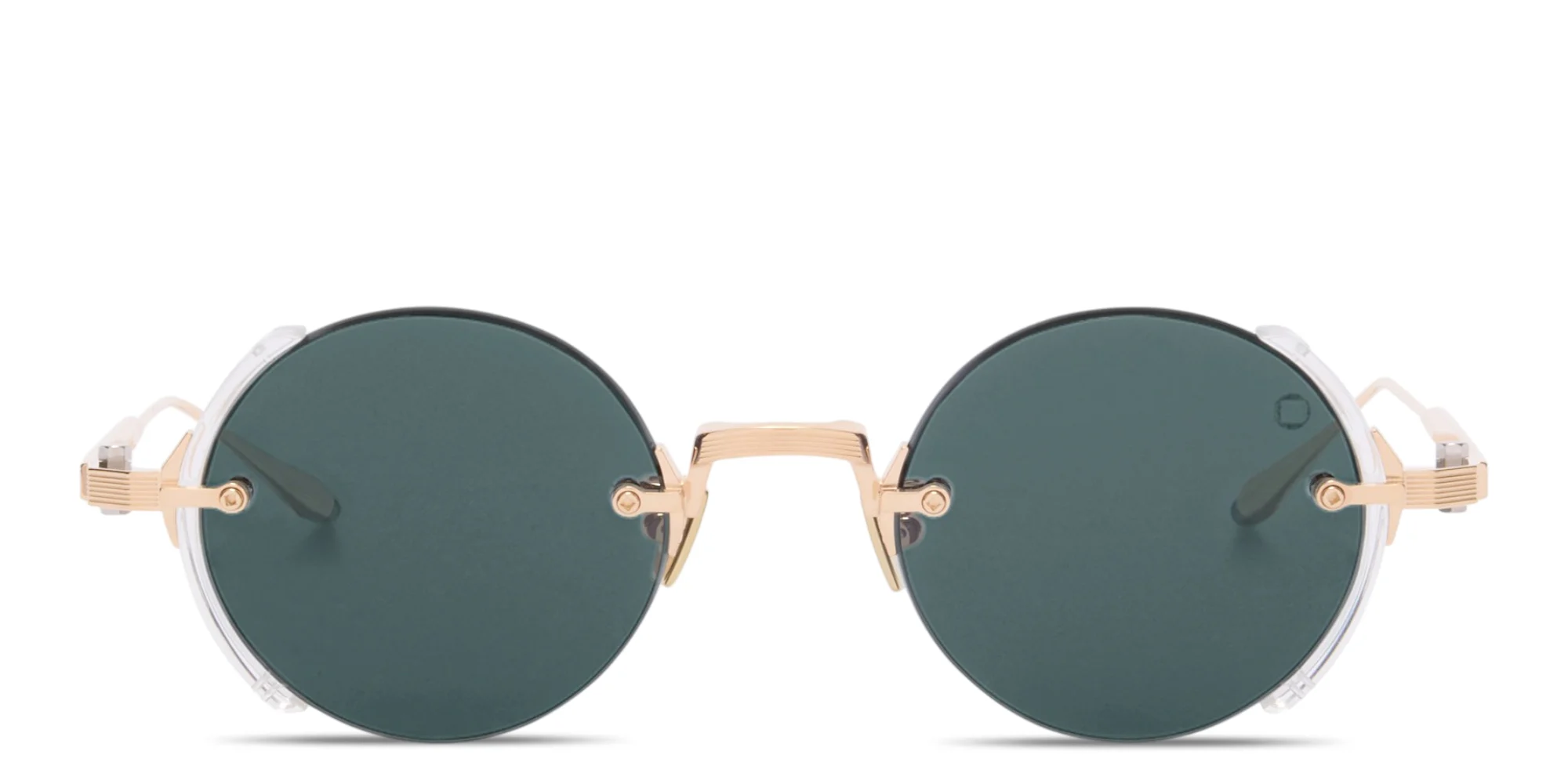 Shop AKONI Jupiter Unisex Rimless Round Sunglasses in Gold online.