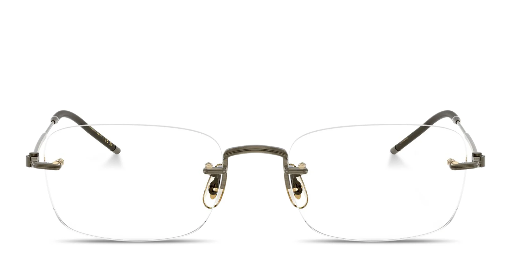 Shop OLIVER PEOPLES Unisex Rimless Rectangle Eyeglasses in Polished Gold online.