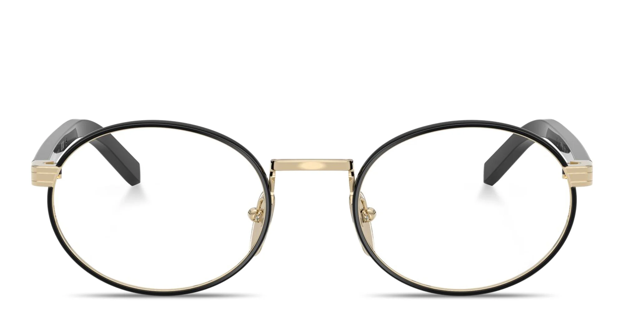 Shop PRADA Logo Lettering Oval Eyeglasses in Gold online.