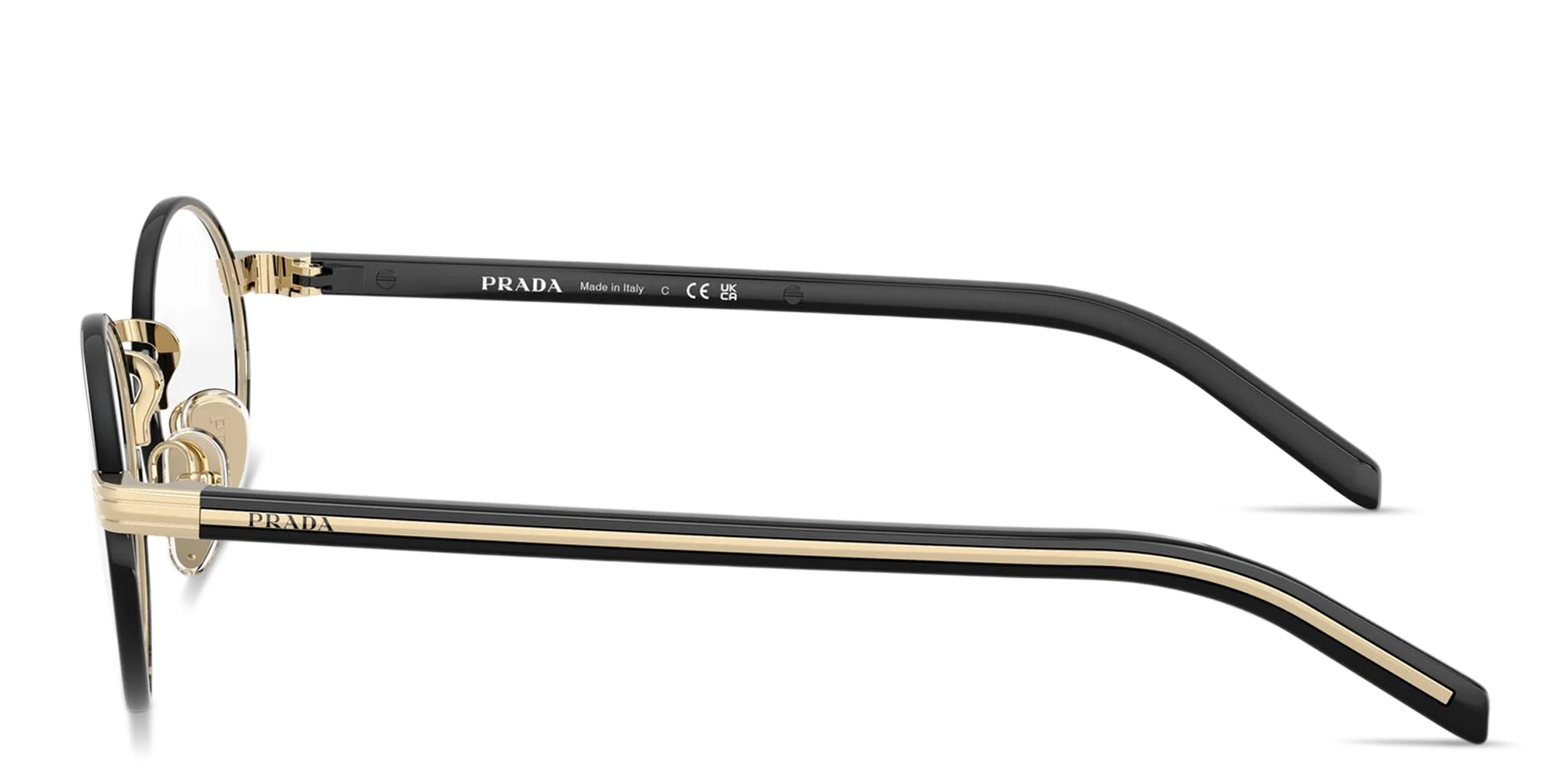 Shop PRADA Logo Lettering Oval Eyeglasses in Gold online.