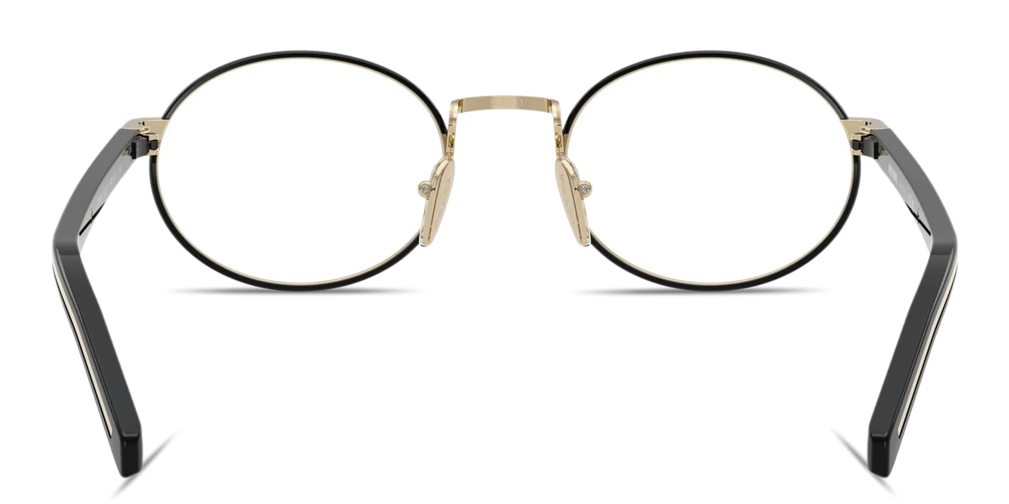 Shop PRADA Logo Lettering Oval Eyeglasses in Gold online.