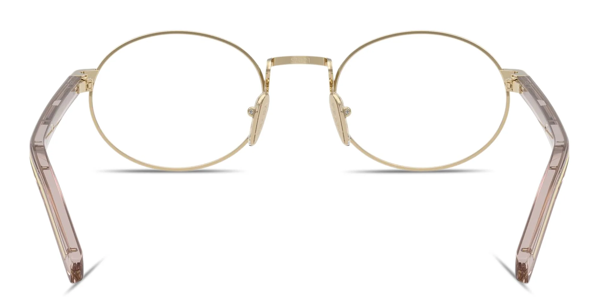 Shop PRADA Logo Lettering Oval Eyeglasses in Polished Gold online.