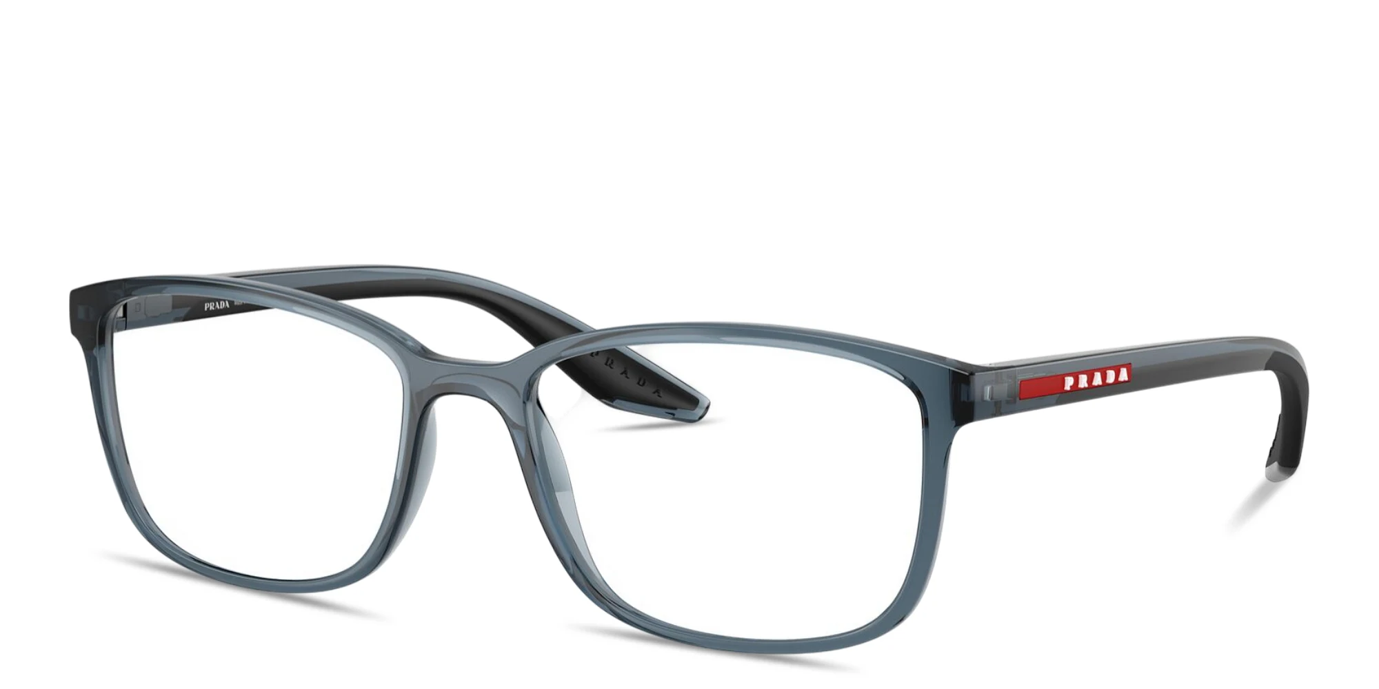 Shop Prada Linea Rossa Logo Signature Pillow Eyeglasses in Transparent Azure online.