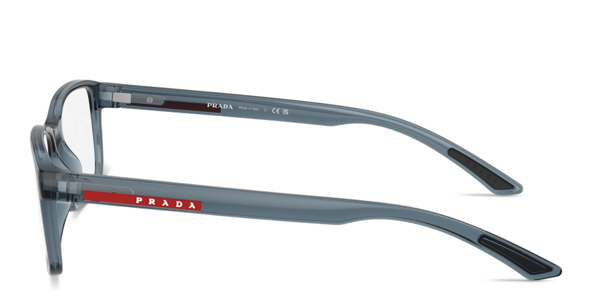 Shop Prada Linea Rossa Logo Signature Wide Pillow Eyeglasses in Transparent Azure online.