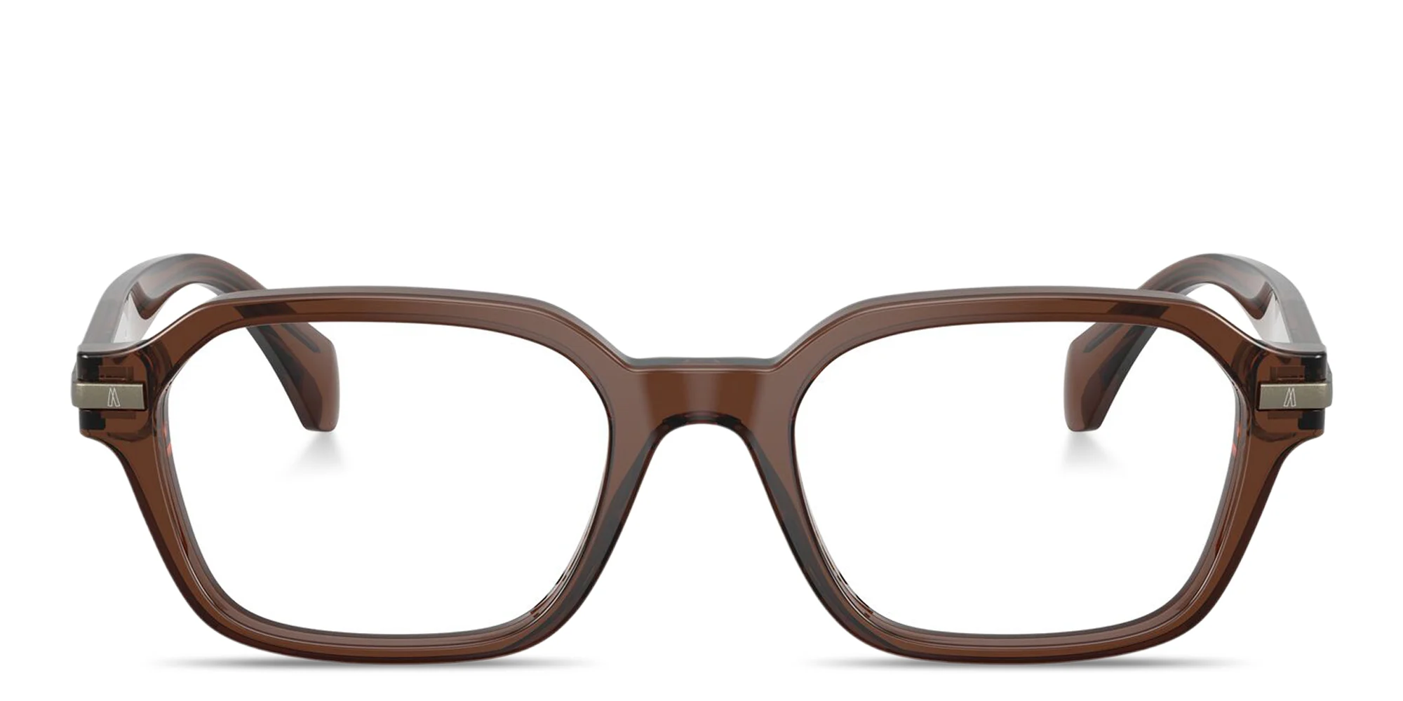 Shop Moncler Logo Signature Unisex Irregular Eyeglasses in Shiny Opal Brown online.