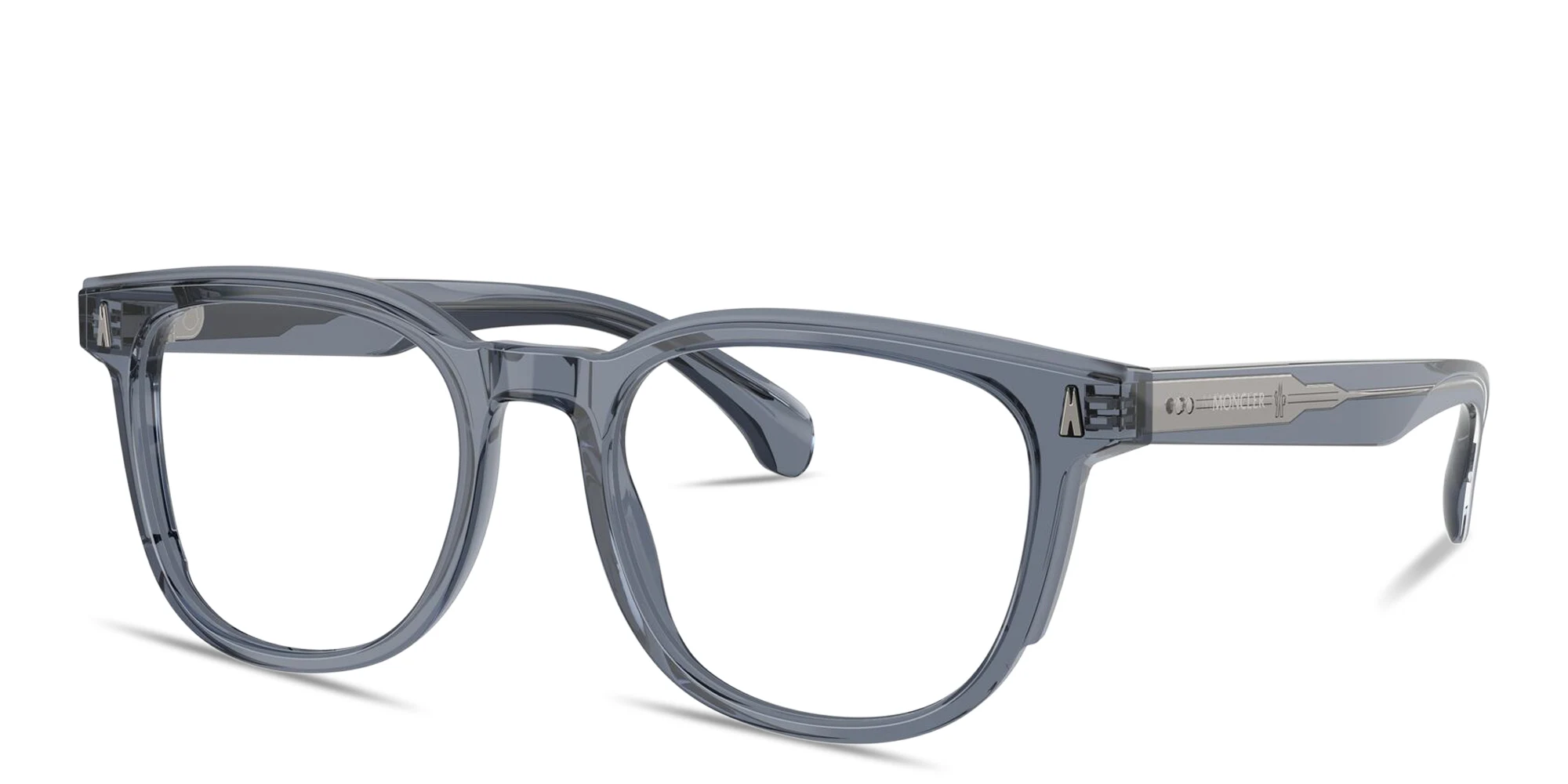 Shop Moncler Logo Signature Unisex Square Eyeglasses in Transparent Blue online.
