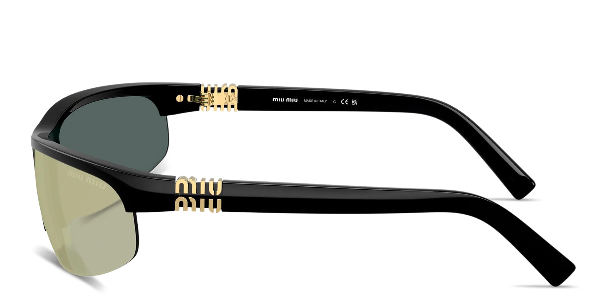 Shop MIU MIU Vertical Logo Wide Half-Rim Oval Sunglasses in Black online.