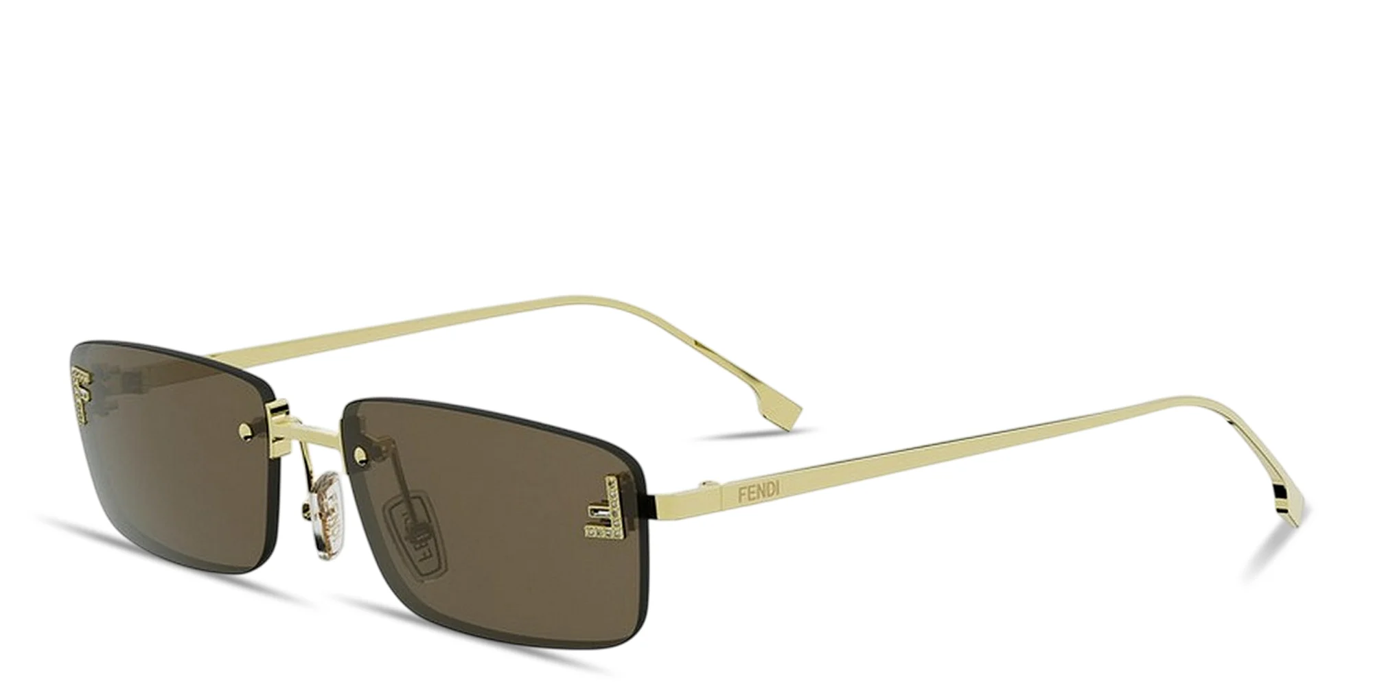 Shop FENDI First Crystal Rimless Rectangle Sunglasses in Light Gold online.
