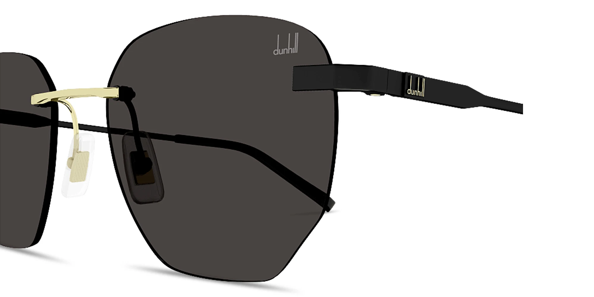 Shop Dunhill Logo Signature Rimless Irregular Sunglasses in Black online.