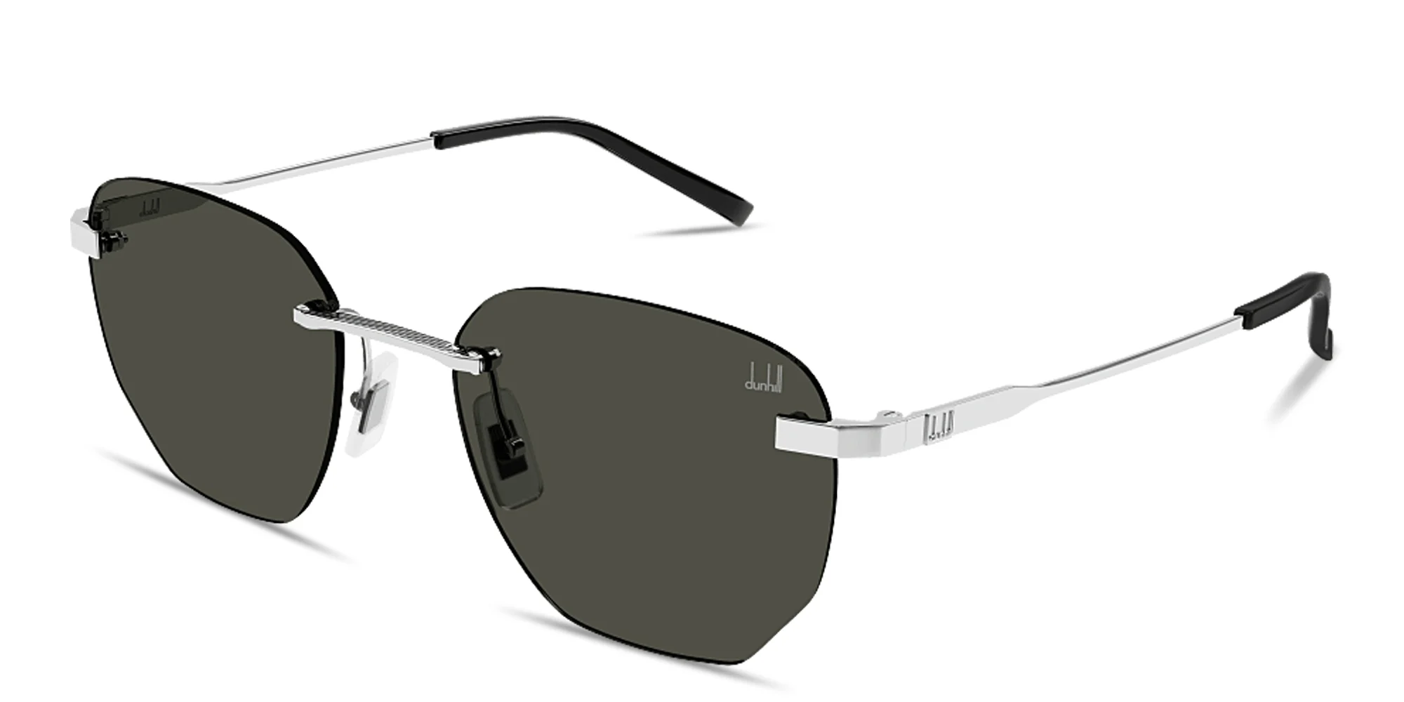 Shop Dunhill Embossed Logo Rimless Irregular Sunglasses in Silver online.