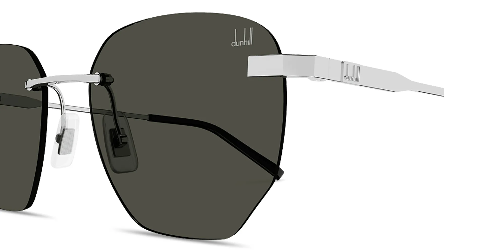 Shop Dunhill Embossed Logo Rimless Irregular Sunglasses in Silver online.
