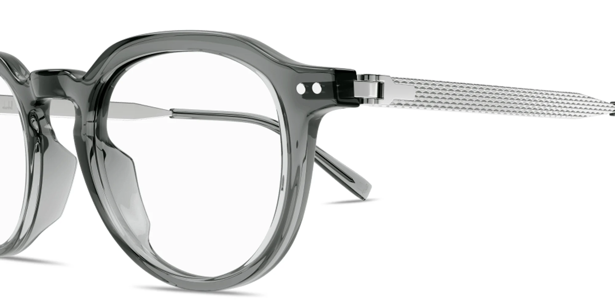 Shop Dunhill Heritage Lock Hinge Combi Panthos Eyeglasses in Transparent Grey online.