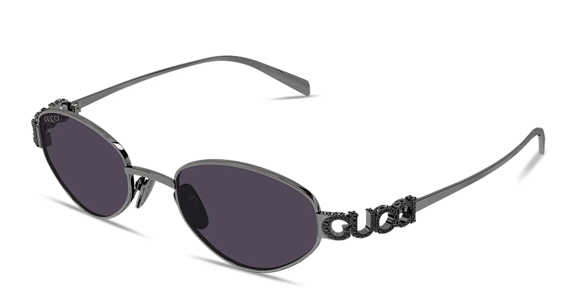Shop GUCCI Logo Signature Irregular Sunglasses in Ruthenium online.