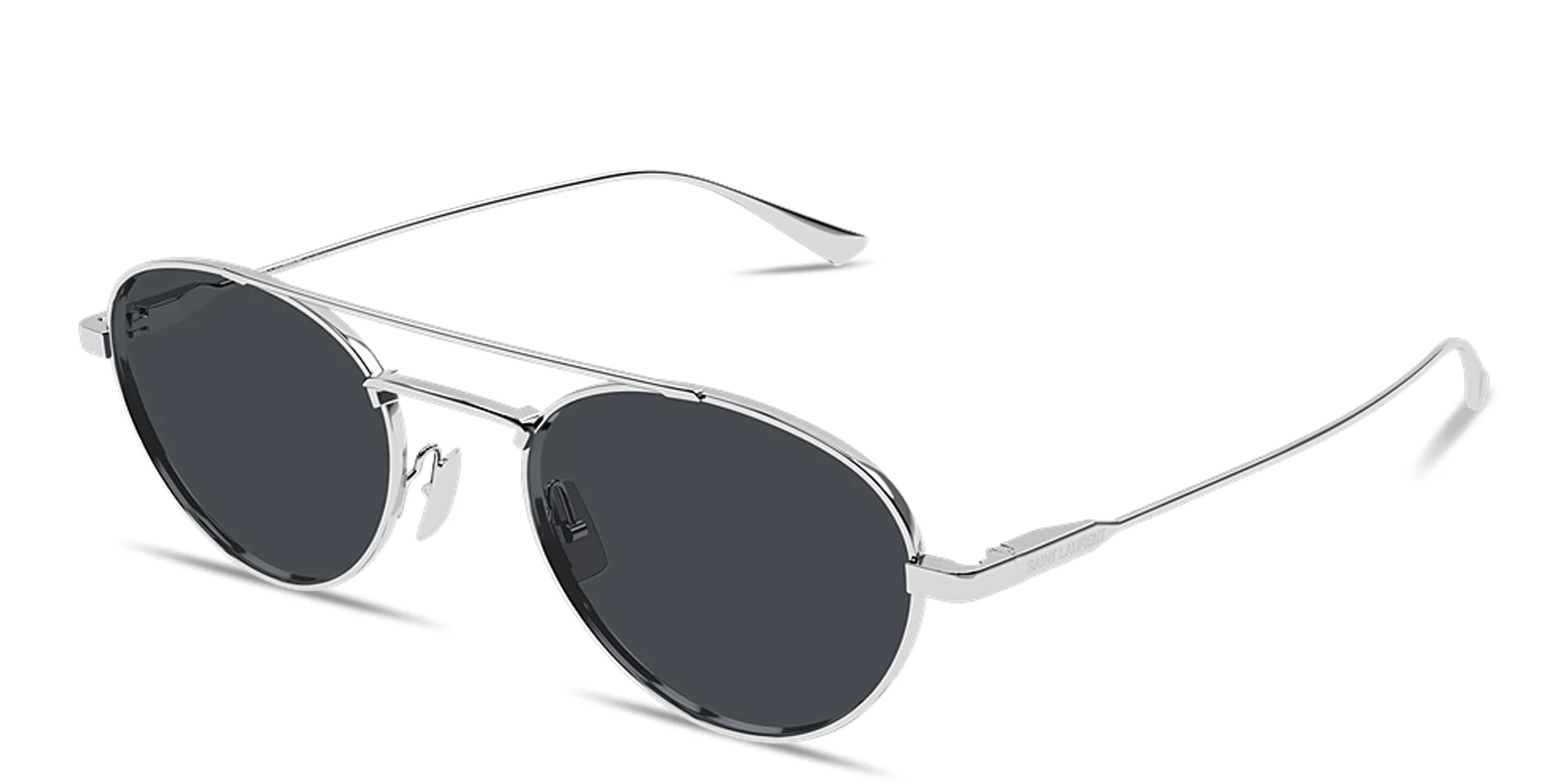 Shop SAINT LAURENT Engraved Logo Round Sunglasses in Silver online.