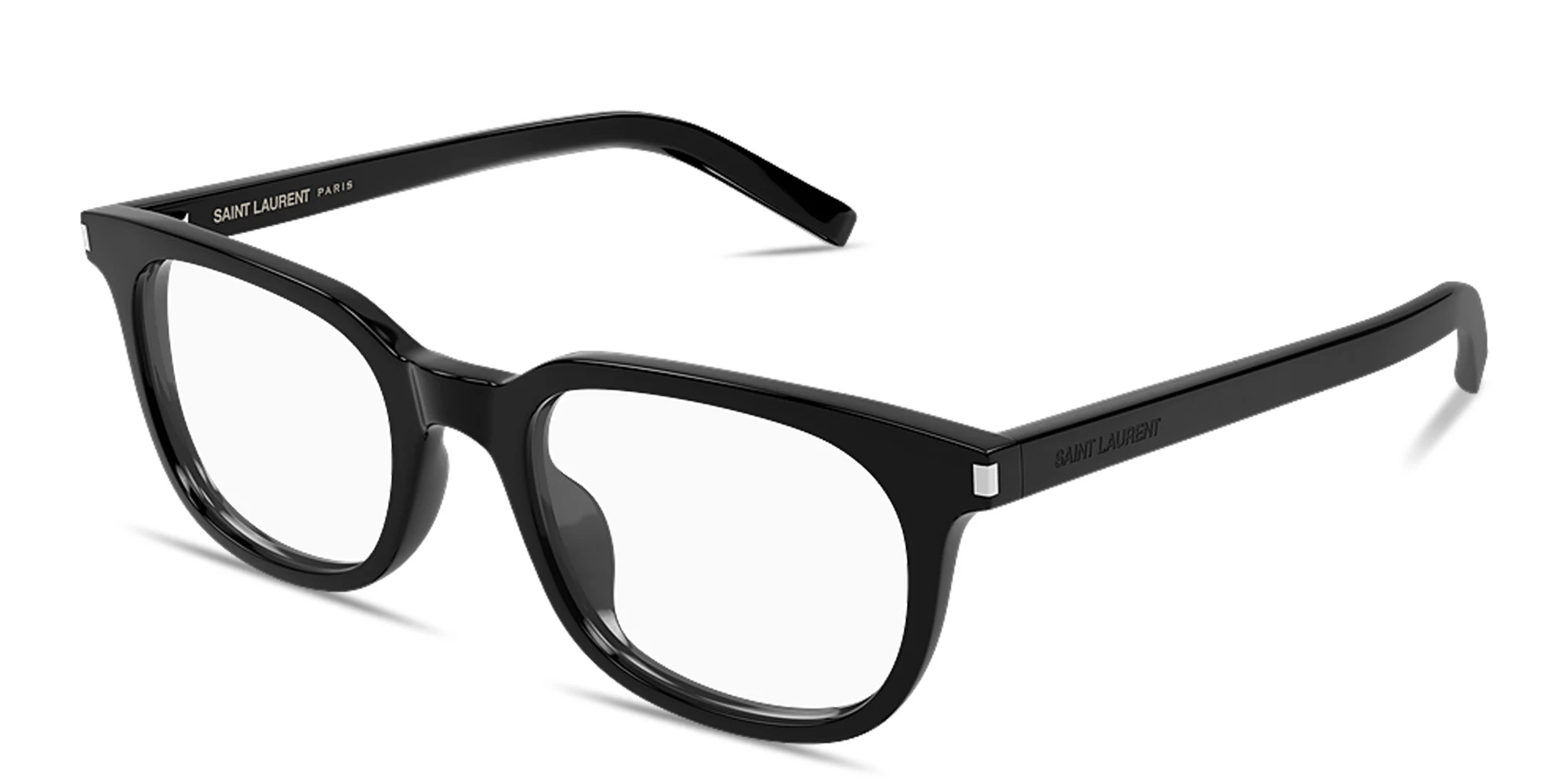 Shop SAINT LAURENT Logo Signature Unisex Square Eyeglasses in Black online.