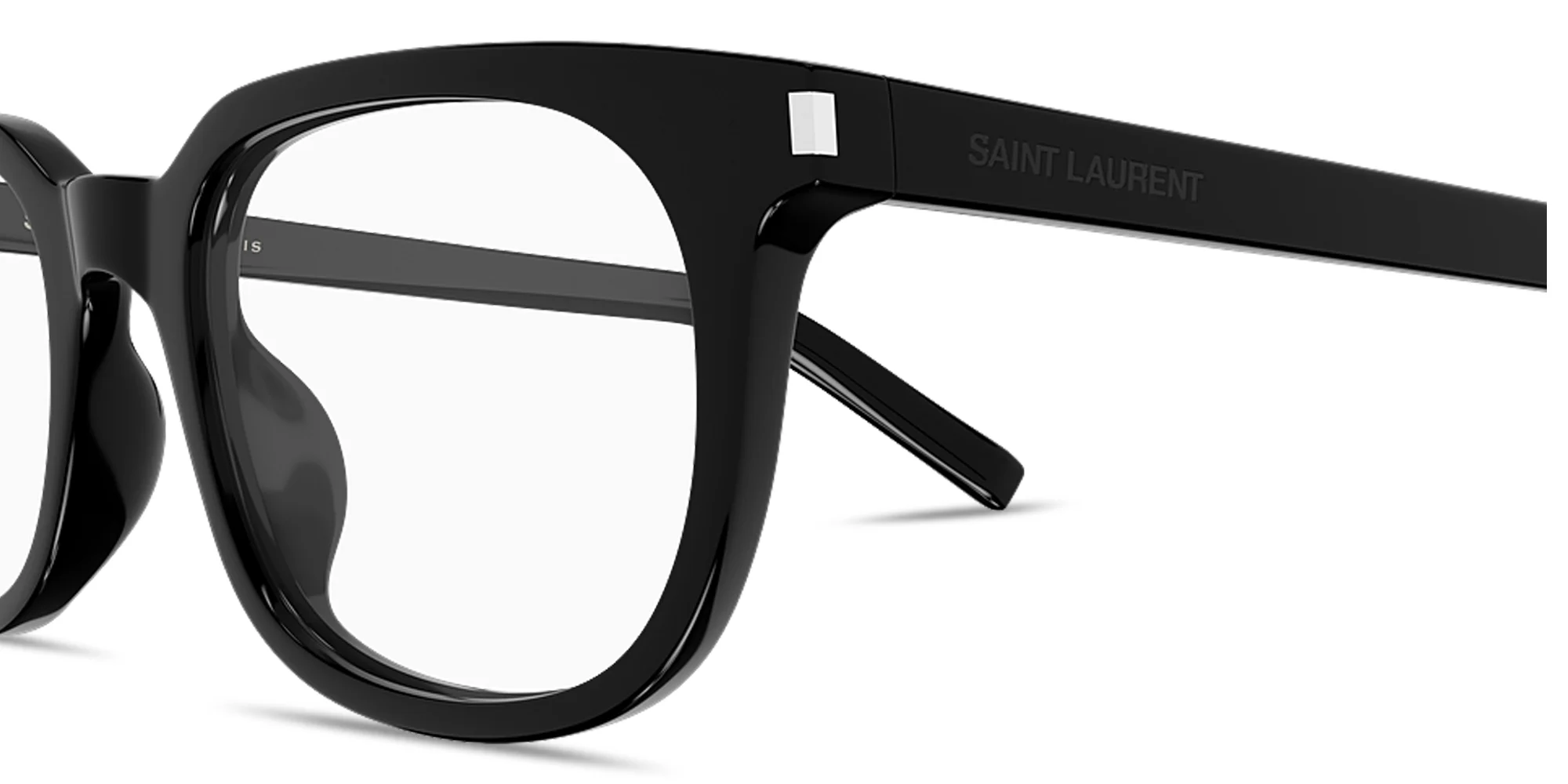 Shop SAINT LAURENT Logo Signature Unisex Square Eyeglasses in Black online.