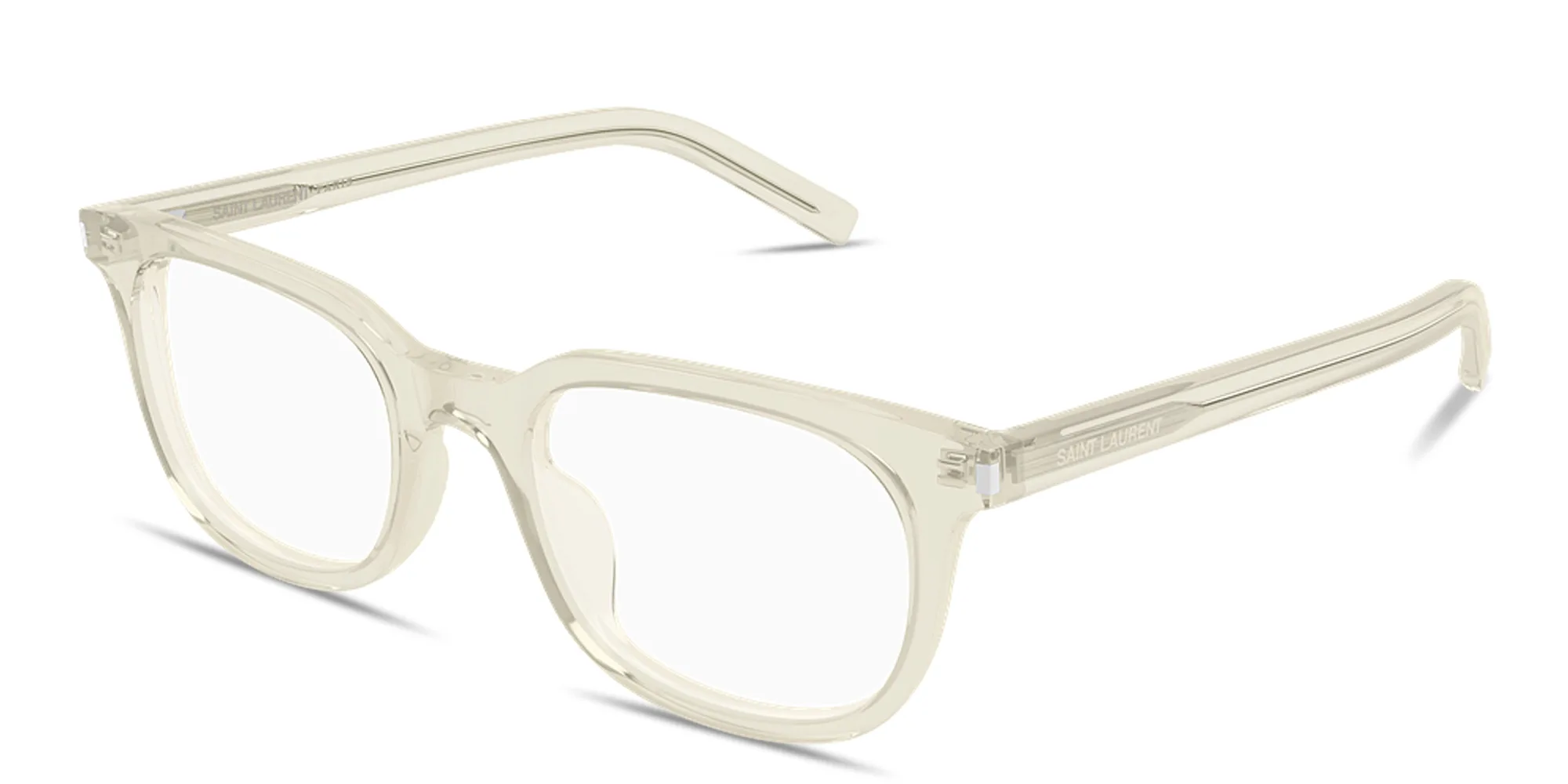 Shop SAINT LAURENT Logo Signature Unisex Square Eyeglasses in Transparent Yellow online.