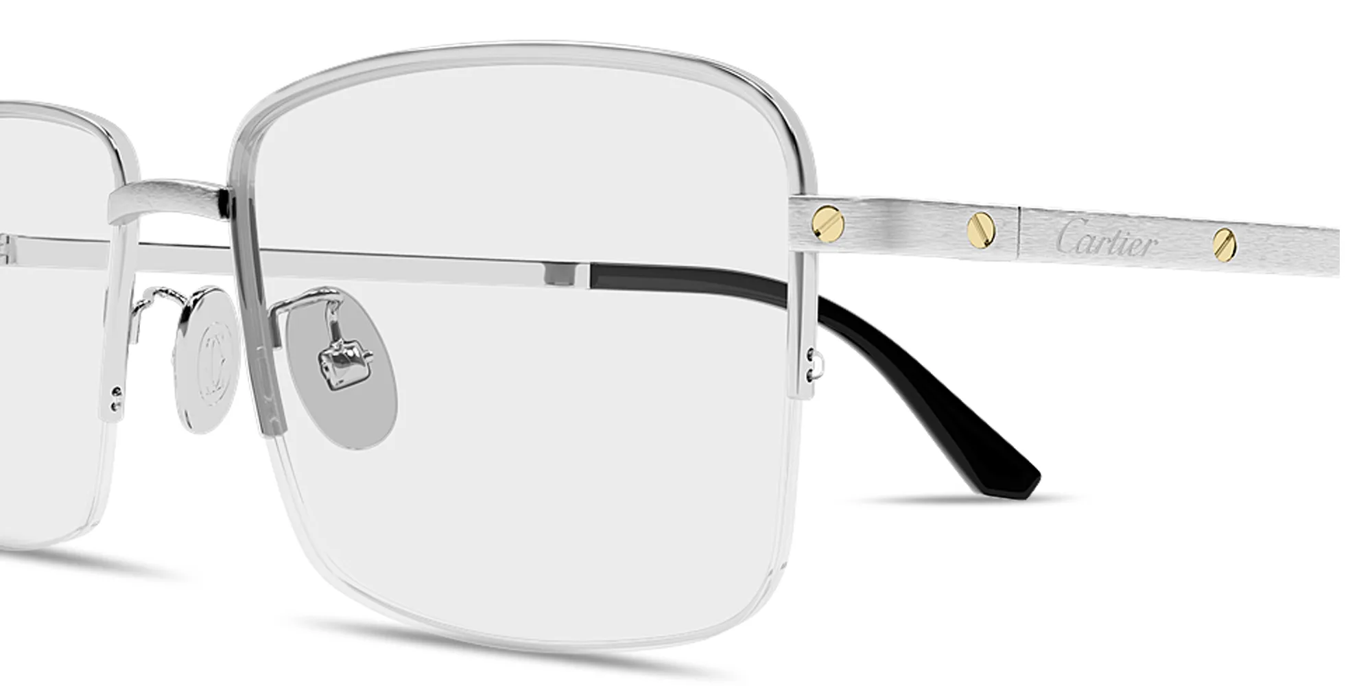 Shop Cartier Santos de Cartier Half-Rim Rectangle Eyeglasses in Silver online.