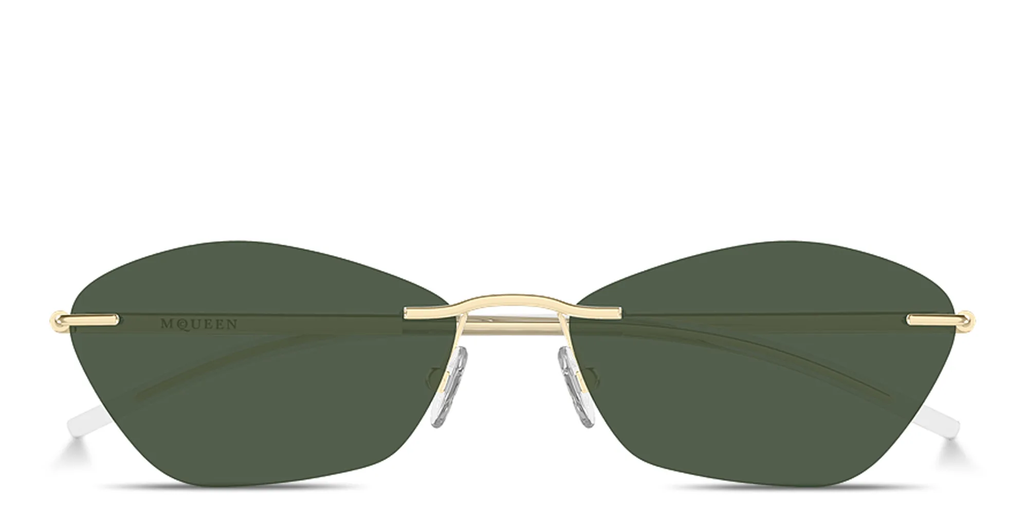 Shop Alexander McQueen T-Bar Slim Unisex Rimless Irregular Sunglasses in Gold online.
