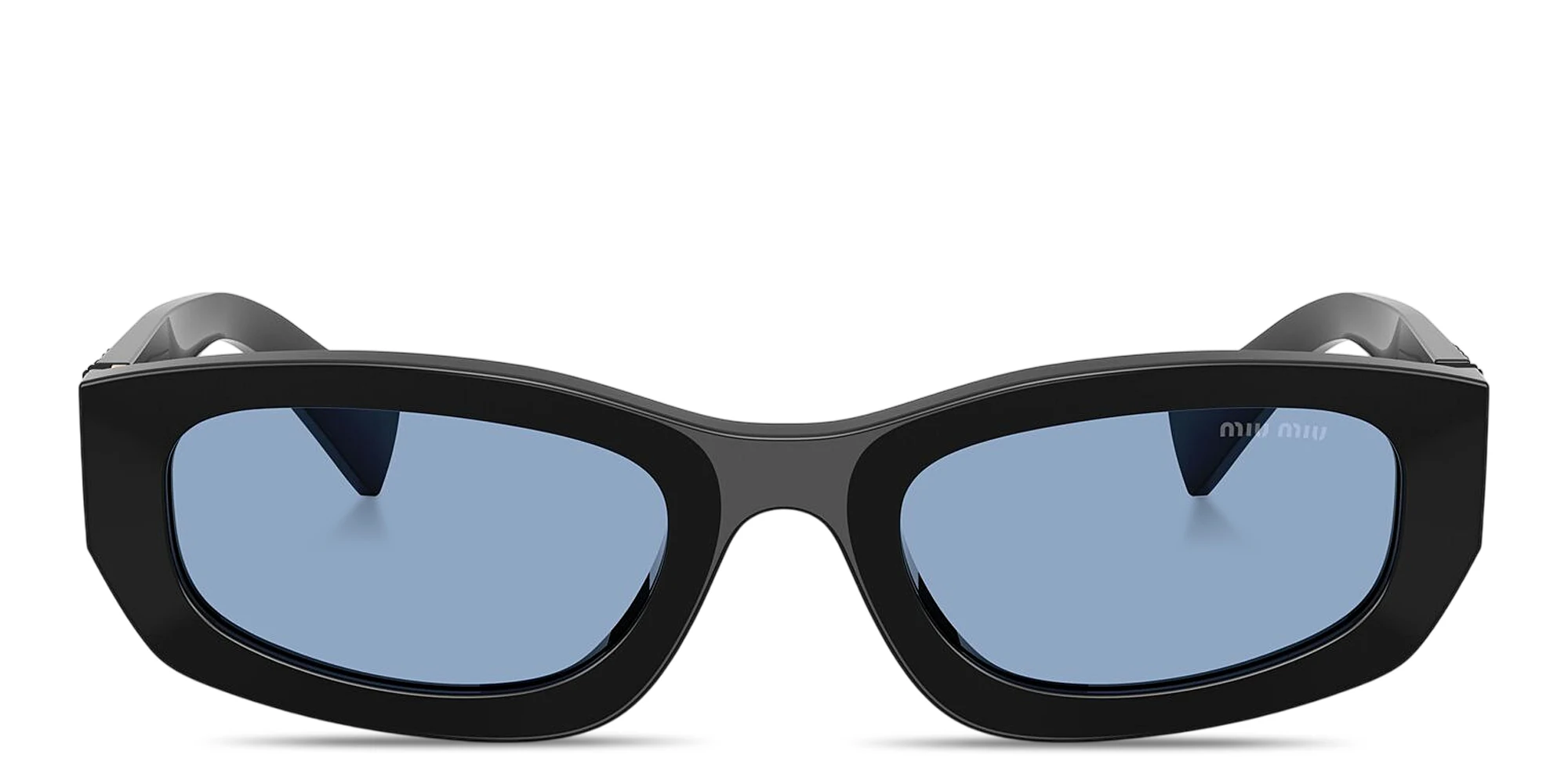 Shop MIU MIU Vertical Logo Irregular Sunglasses in Black online.