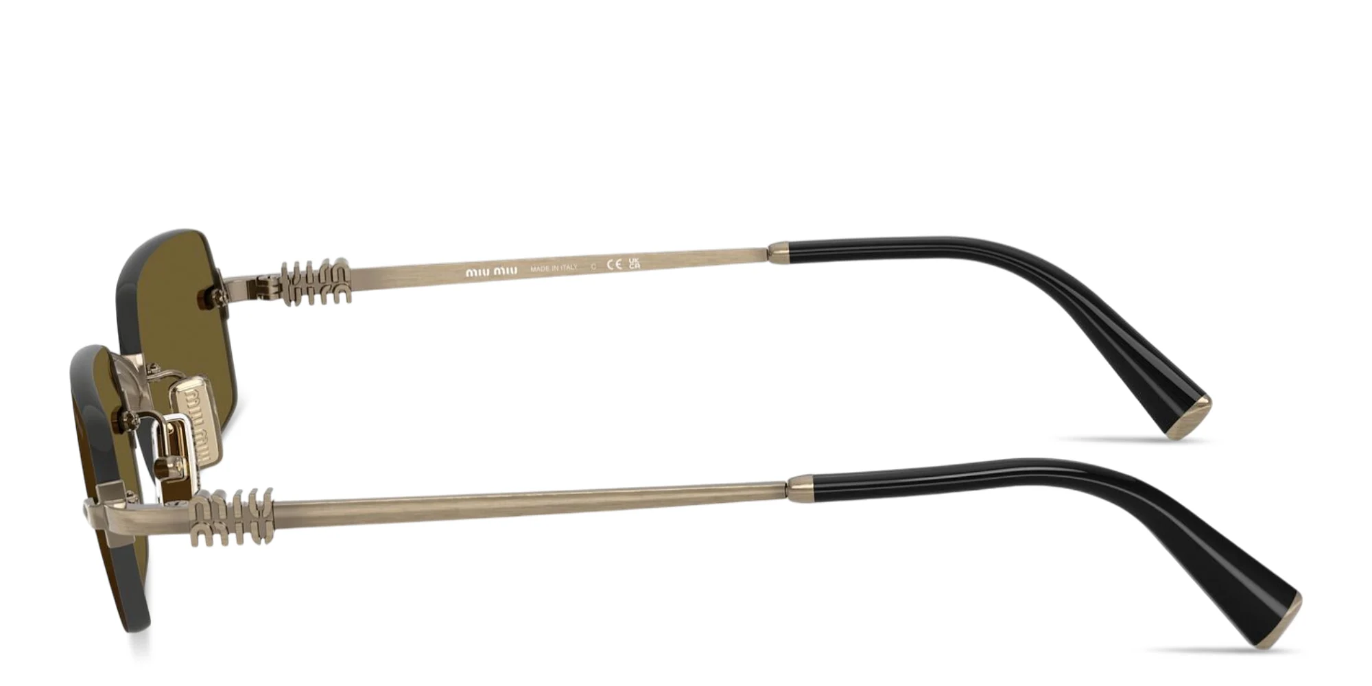 Shop MIU MIU Vertical Logo Rimless Rectangle Sunglasses in Gold online.