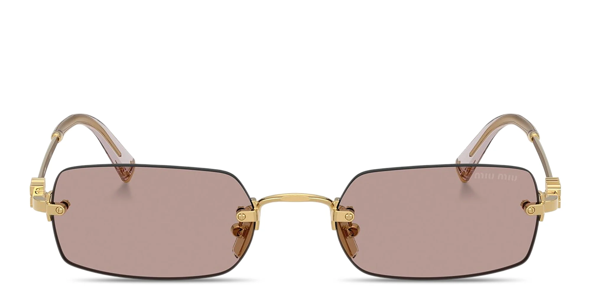 Shop MIU MIU Vertical Logo Rimless Rectangle Sunglasses in Polished Gold online.