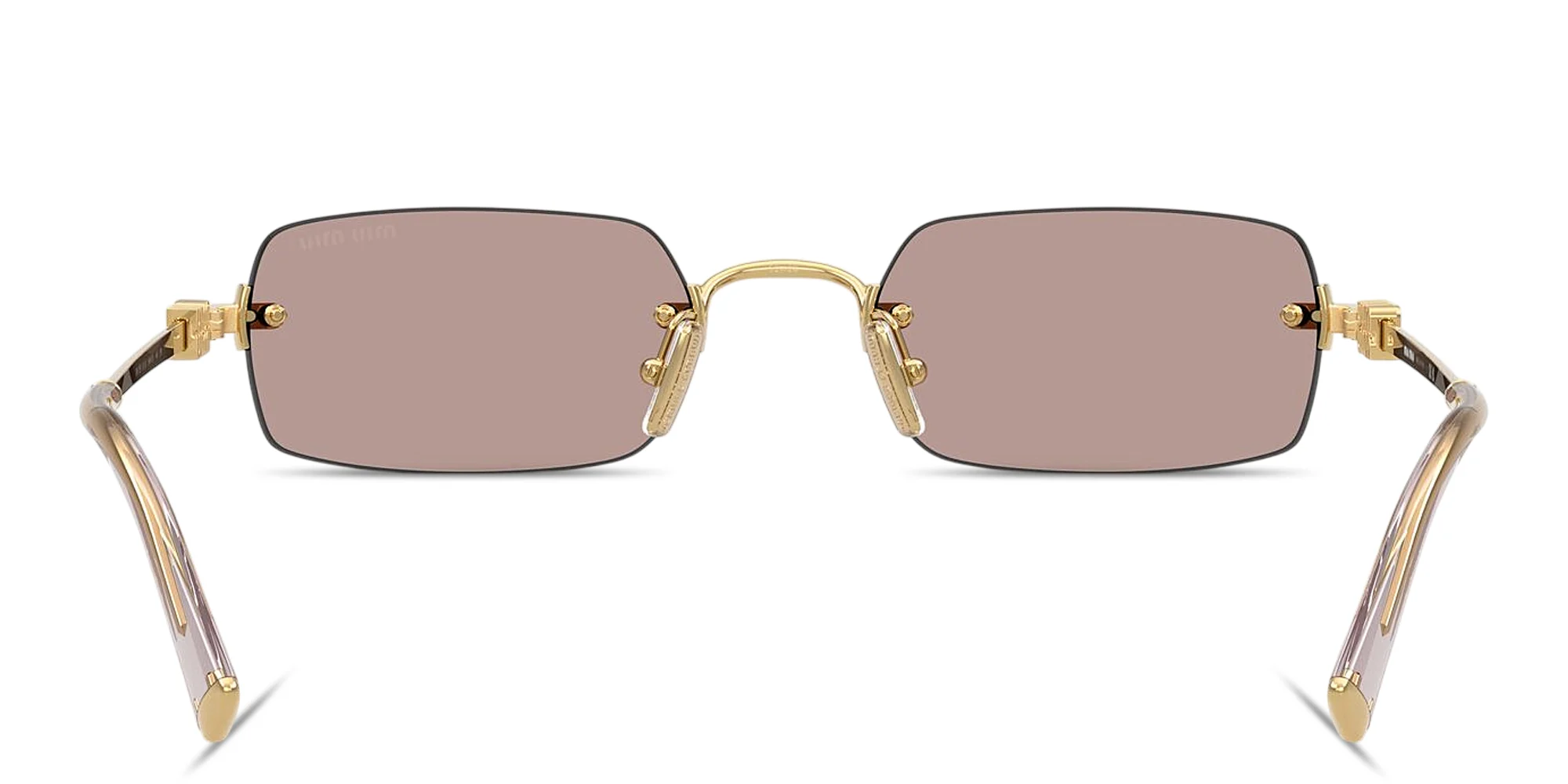 Shop MIU MIU Vertical Logo Rimless Rectangle Sunglasses in Polished Gold online.