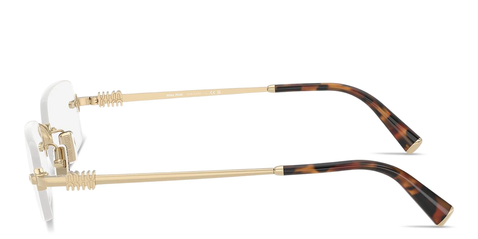 Shop MIU MIU Vertical Logo Rimless Rectangle Eyeglasses in Polished Gold online.