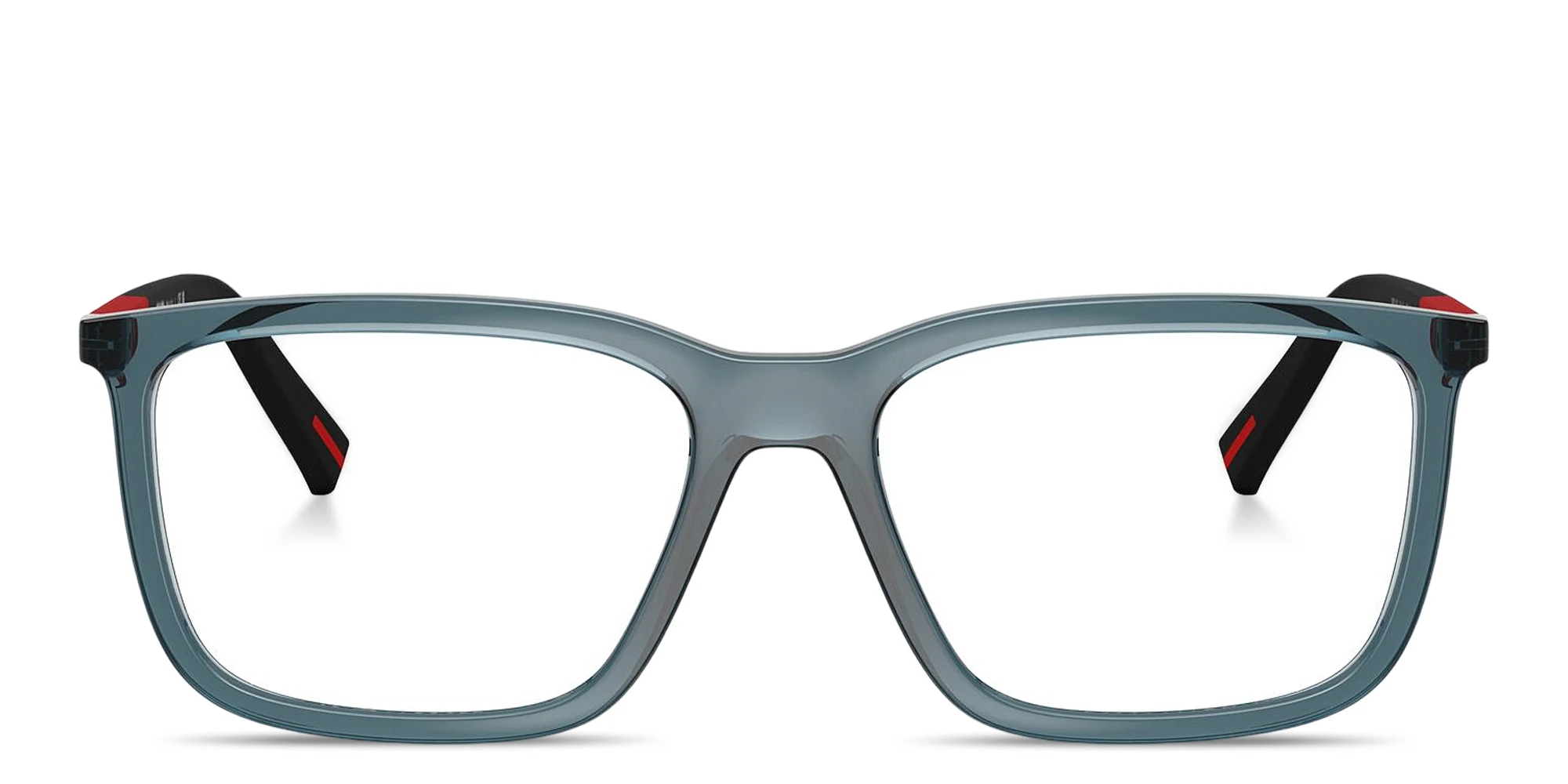 Shop Prada Linea Rossa Logo Signature Pillow Eyeglasses in Transparent Blue online.