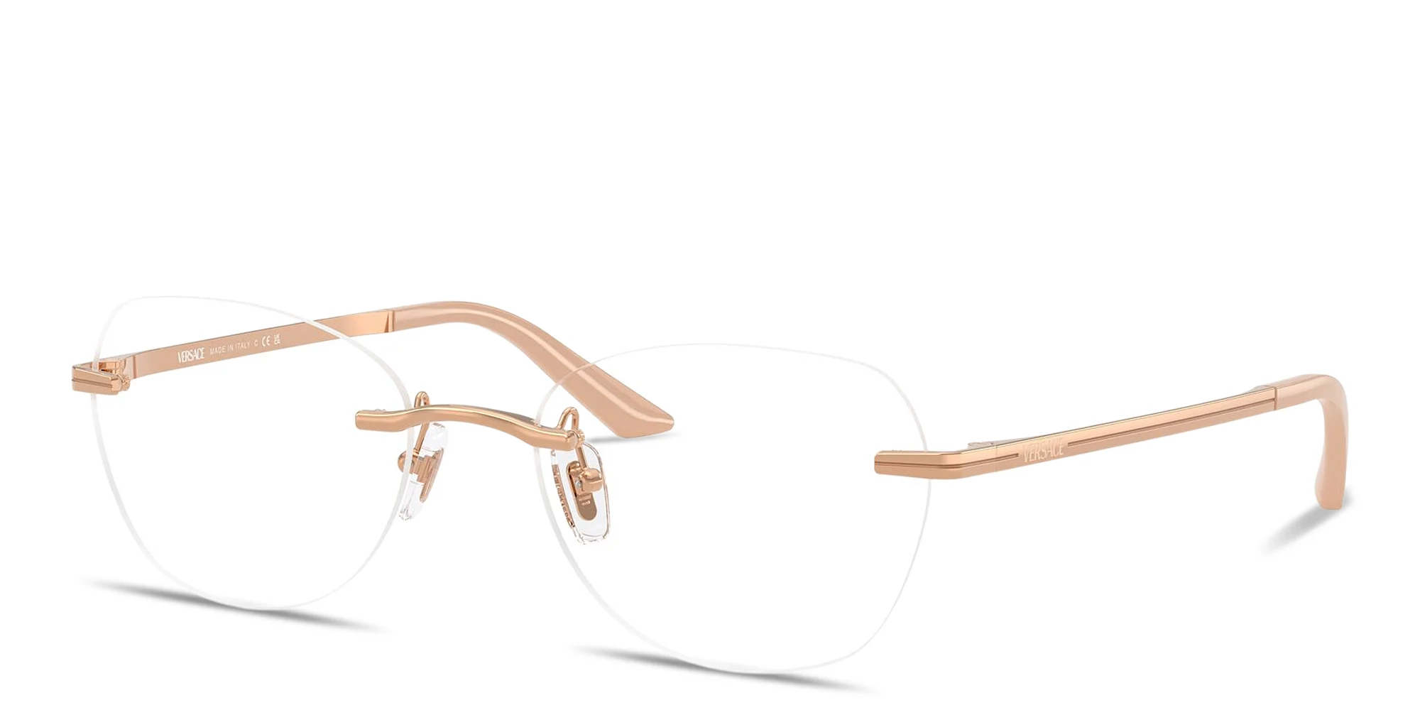 Shop VERSACE Engraved Logo Wide Rimless Irregular Eyeglasses in Rose Gold online.