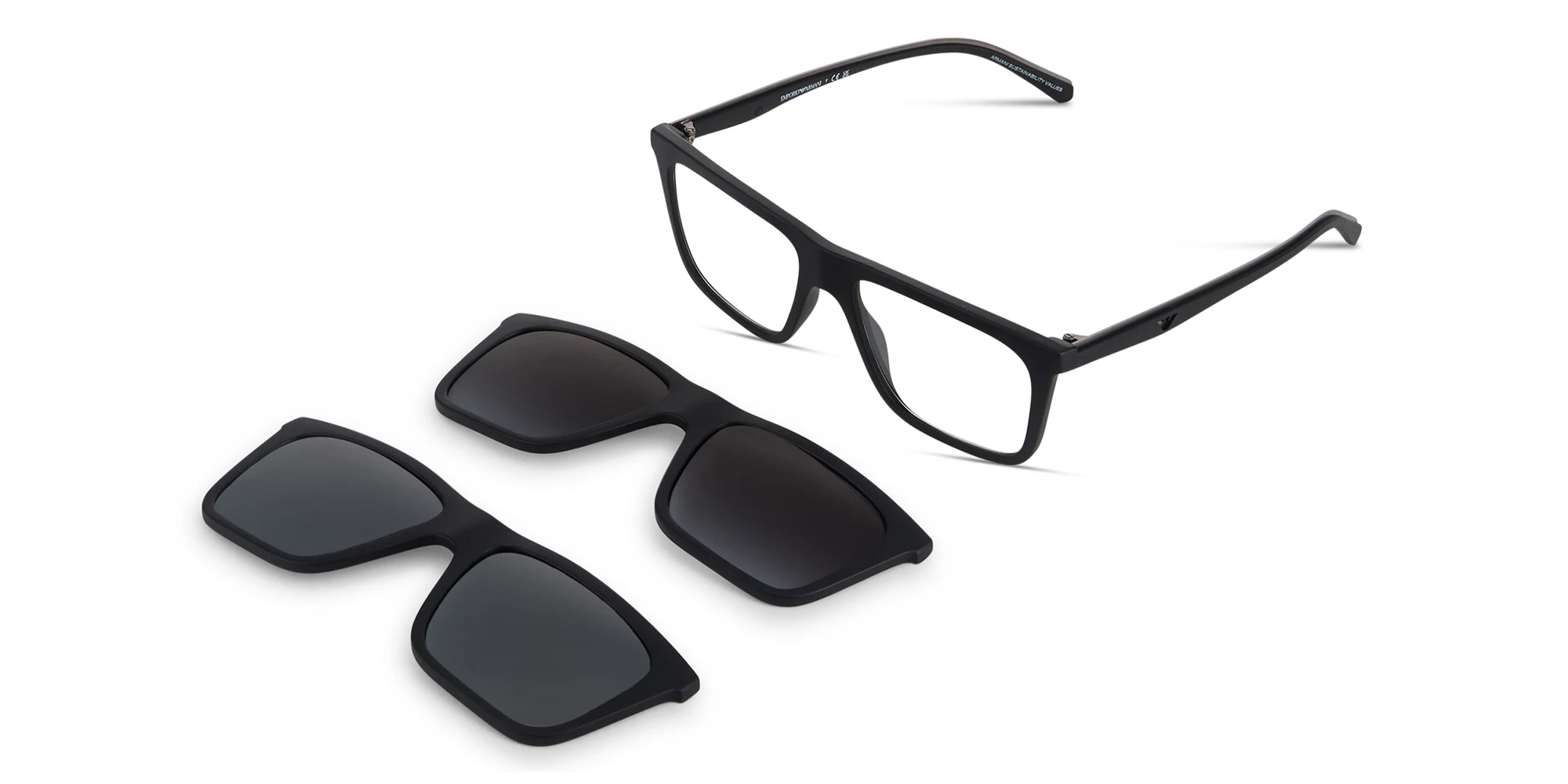 Shop Emporio Armani Clip-On Square Eyeglasses in Black online.
