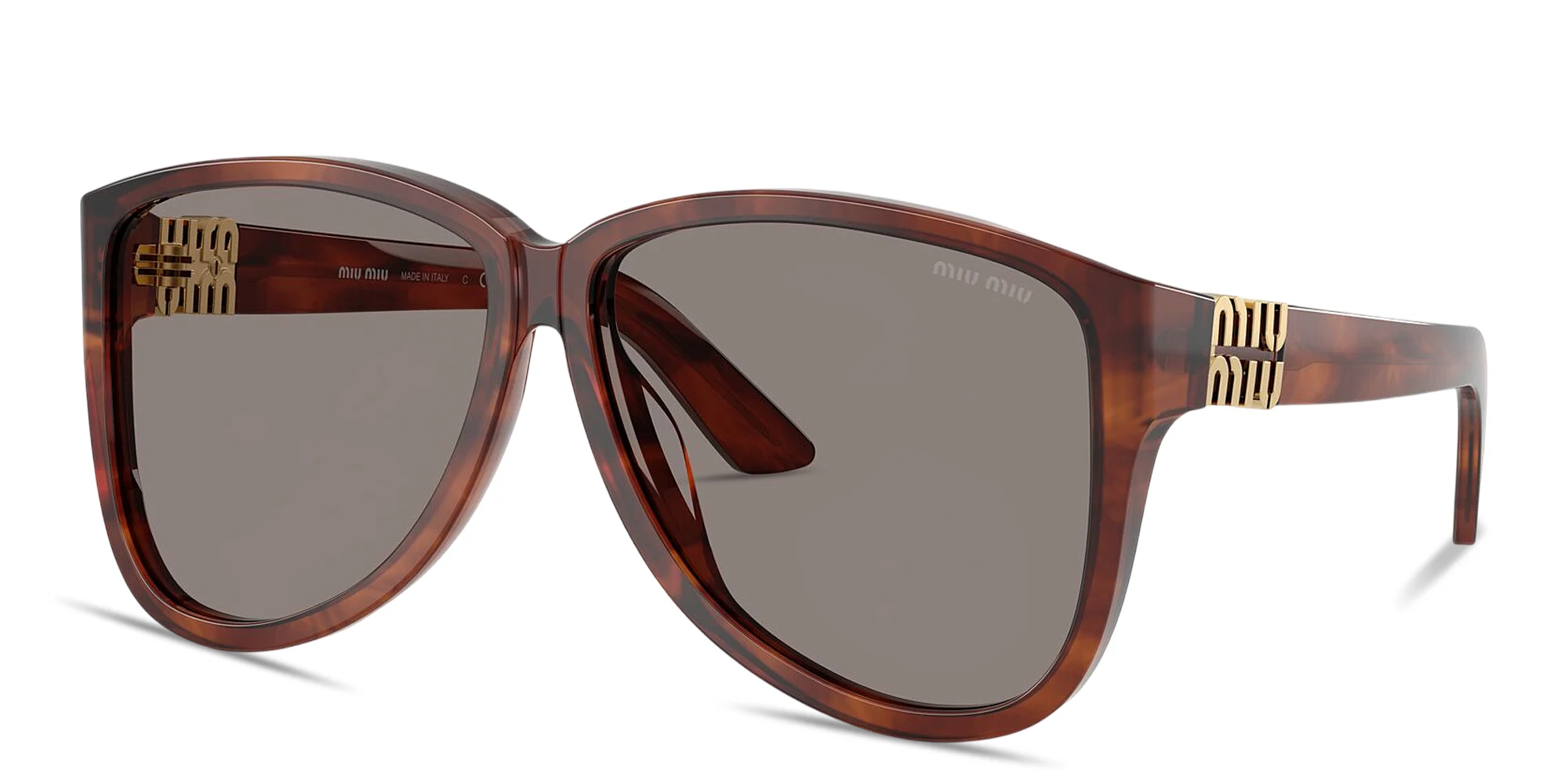 Shop MIU MIU Vertical Logo Oversized Pilot Sunglasses in Striped Tobacco online.