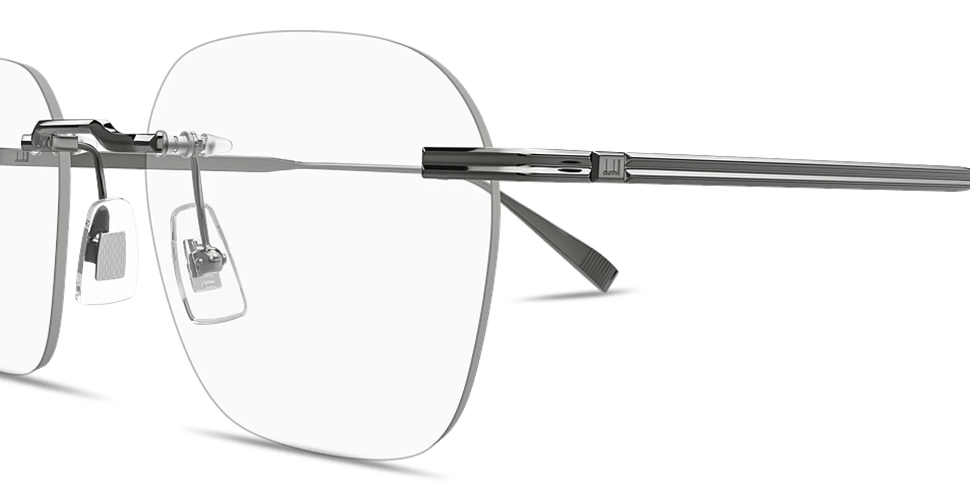 Shop Dunhill Logo Signature Rimless Square Eyeglasses in Ruthenium online.