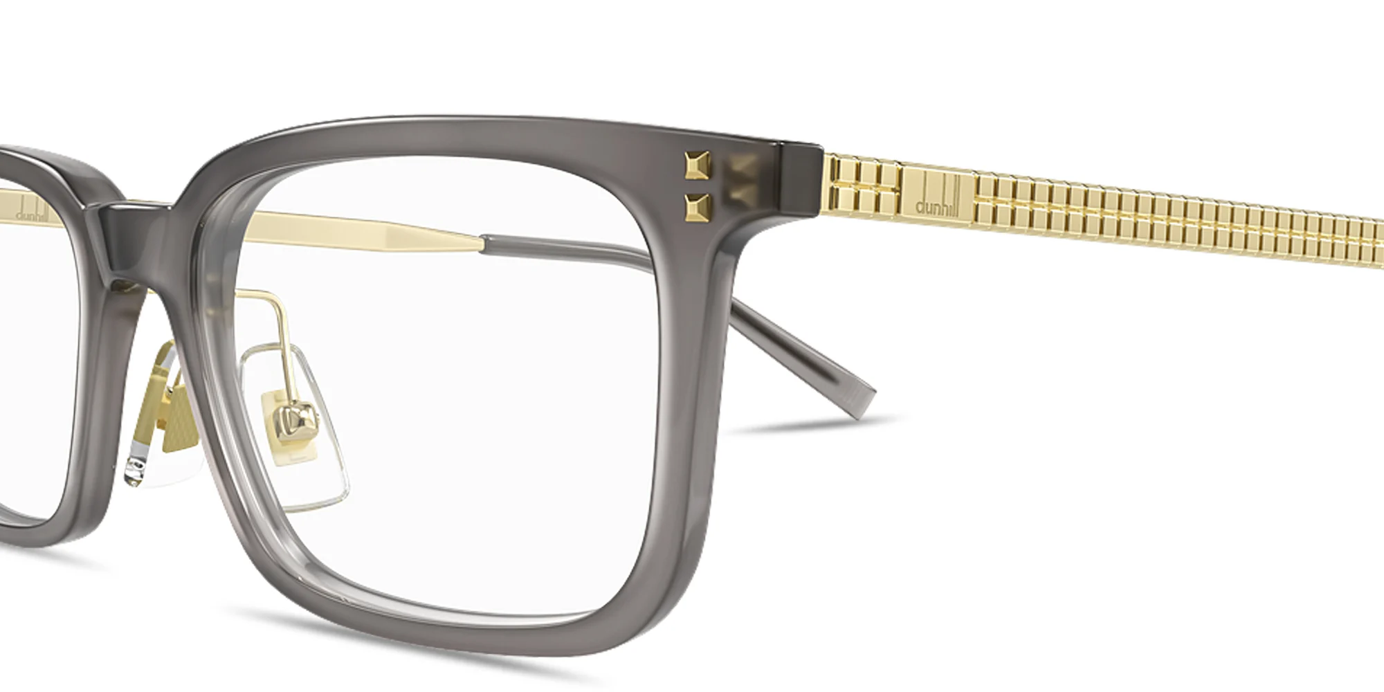 Shop Dunhill Engraved Logo Rectangle Eyeglasses in Transparent Grey online.