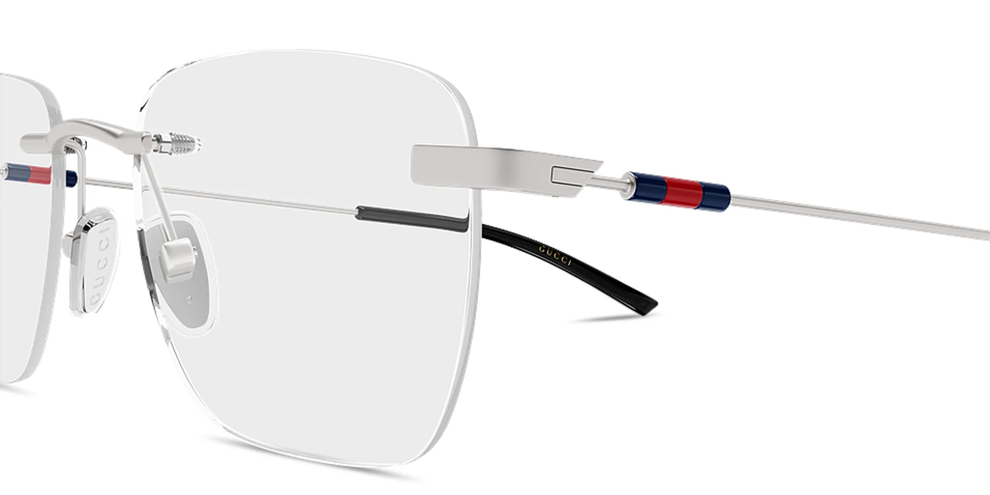 Shop GUCCI Web Rimless Rectangle Eyeglasses in Ruthenium online.