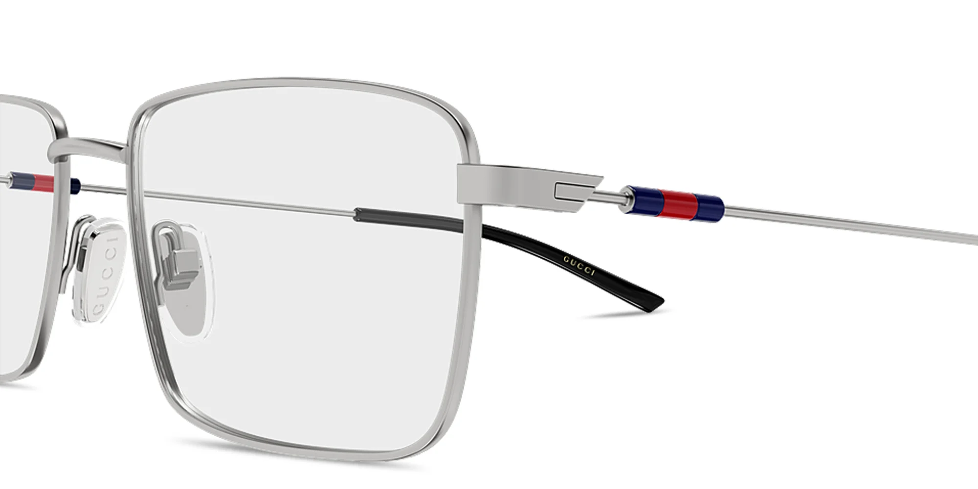 Shop GUCCI Web Wide Rectangle Eyeglasses in Ruthenium online.