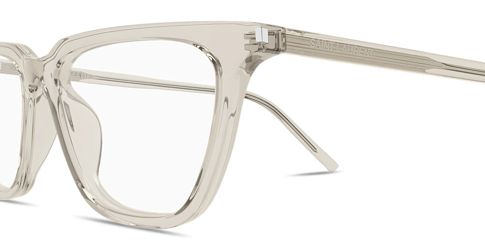 Shop SAINT LAURENT Thin Acetate Cat-Eye Eyeglasses in Transparent Cream online.