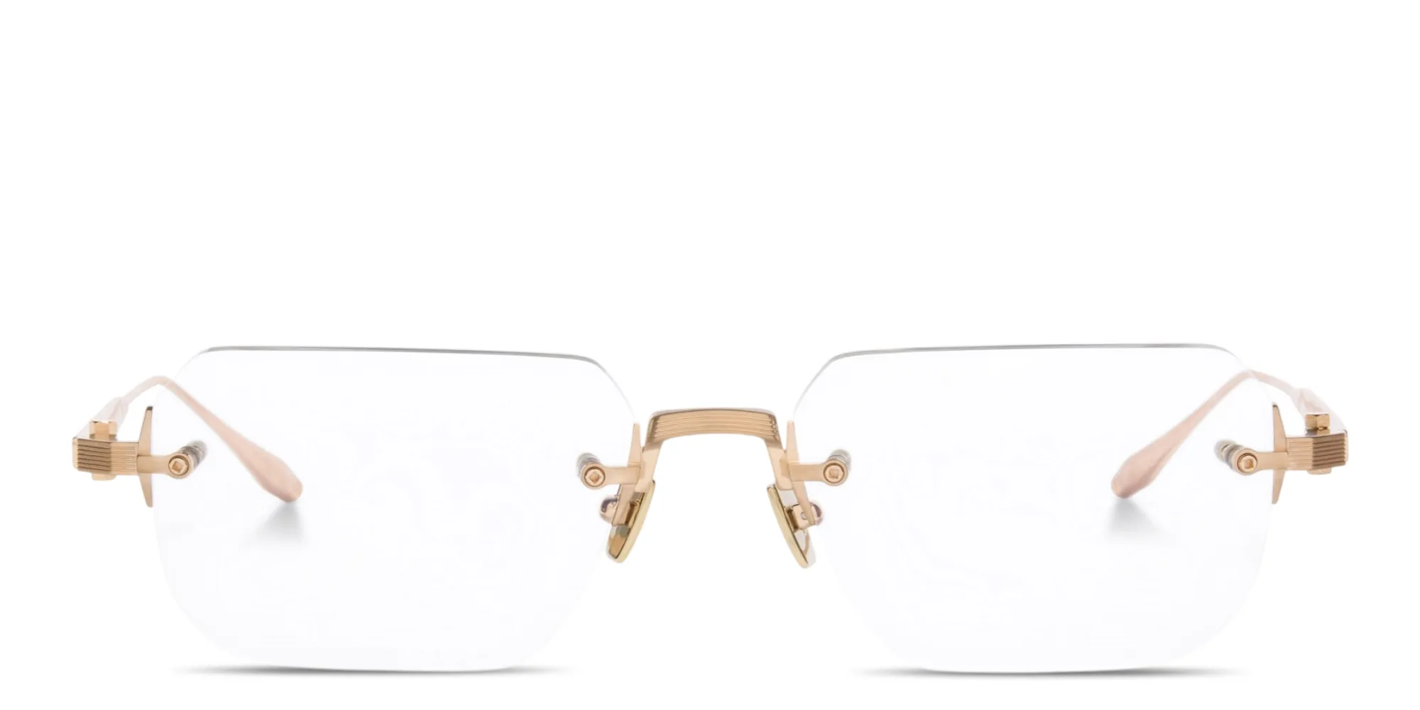 Shop AKONI Juno-Four Unisex Wide Rimless Rectangle Eyeglasses in Brushed Gold online.