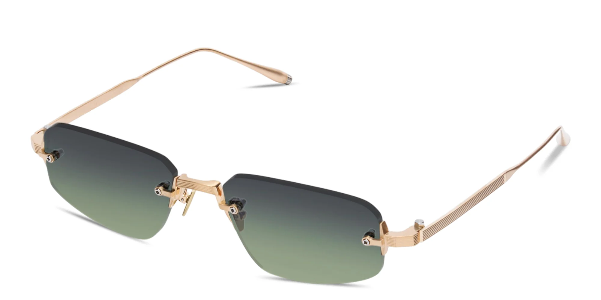 Shop AKONI Juno-Three Unisex Rimless Rectangle Sunglasses in Brushed 12K Gold & Silver online.