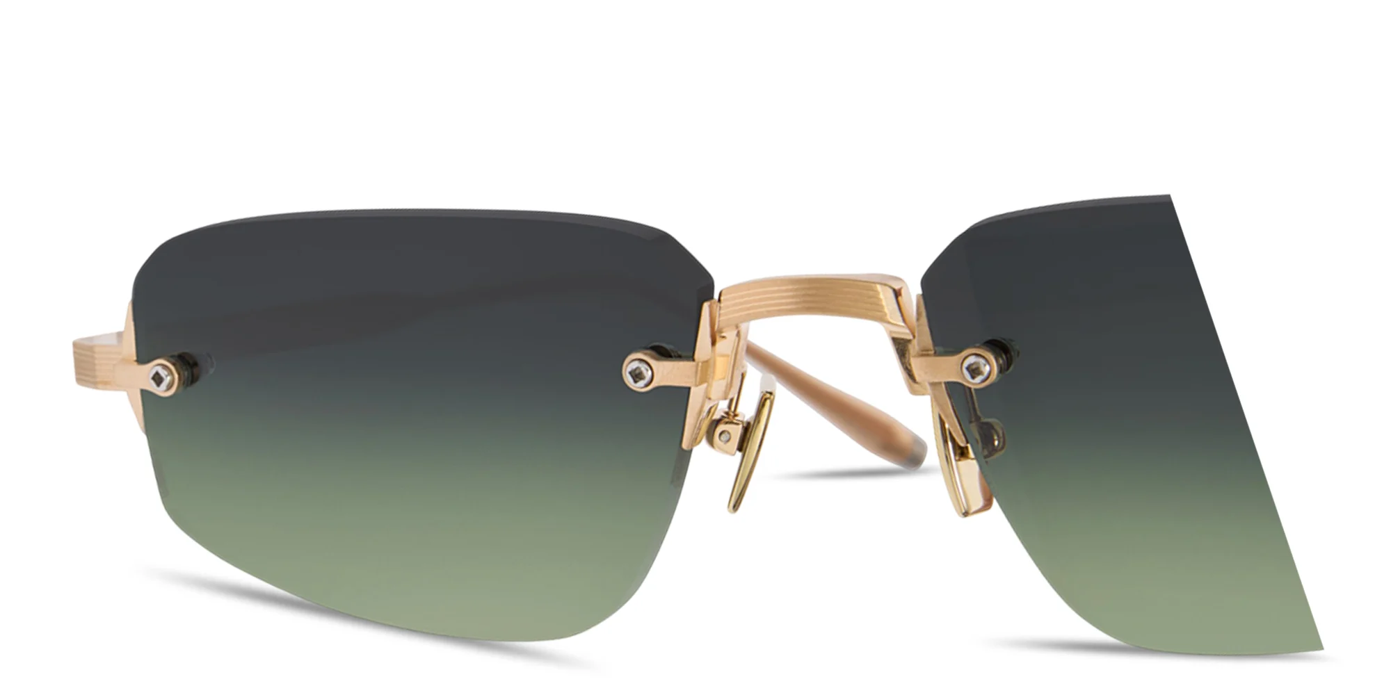 Shop AKONI Juno-Three Unisex Rimless Rectangle Sunglasses in Brushed 12K Gold & Silver online.