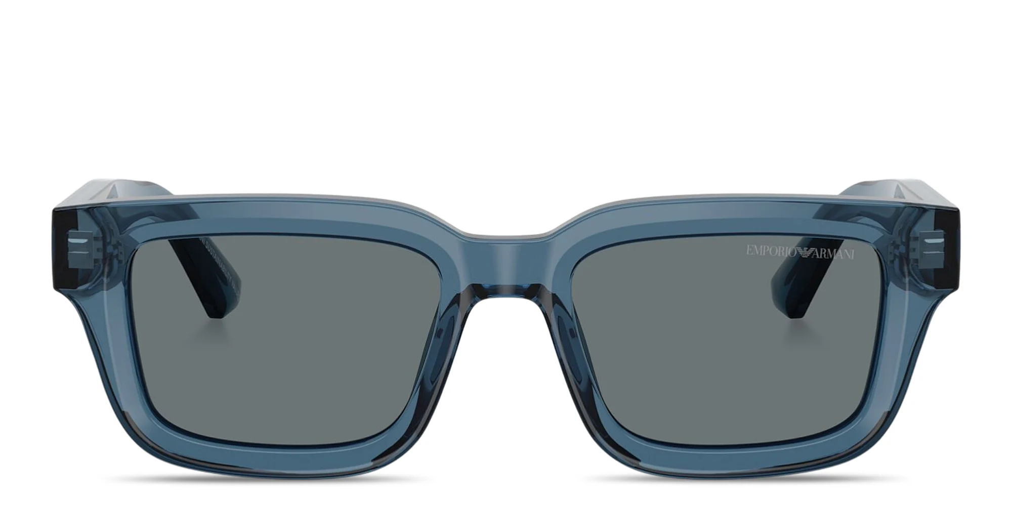 Shop Emporio Armani Logo Signature Irregular Sunglasses in Shiny Transparent Blue online.
