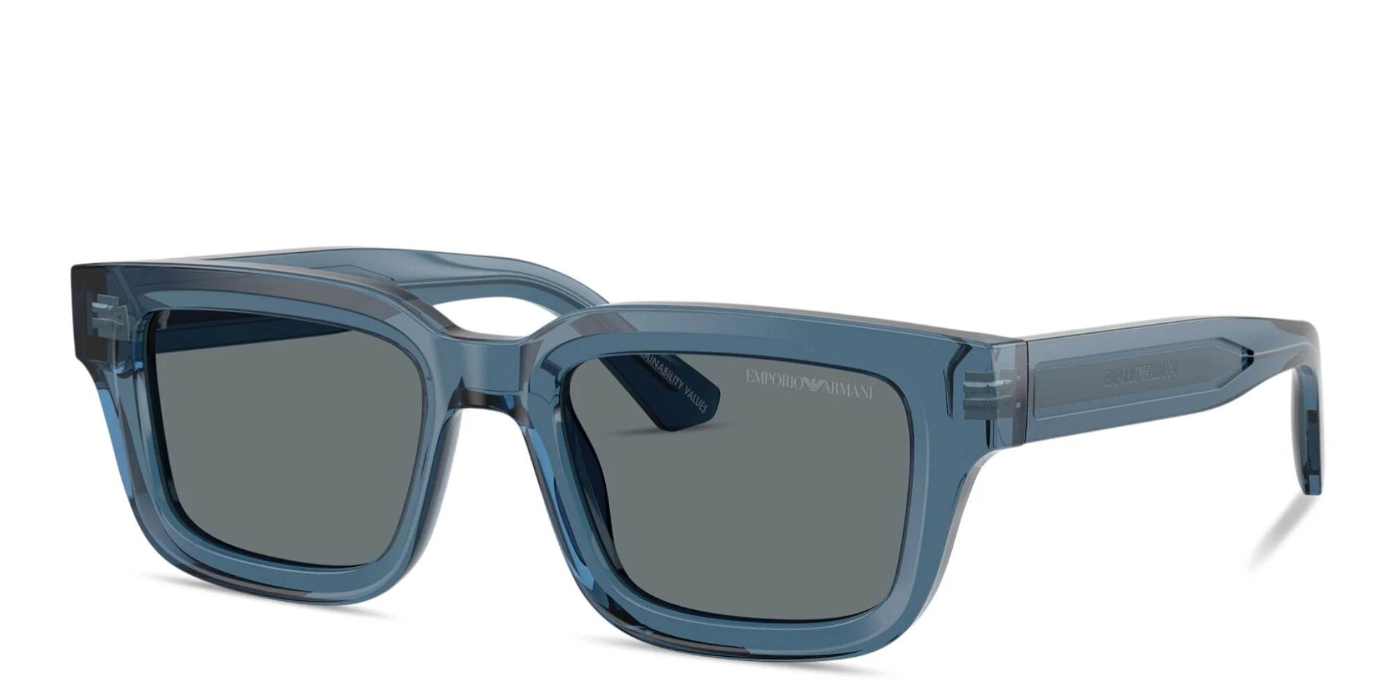 Shop Emporio Armani Logo Signature Irregular Sunglasses in Shiny Transparent Blue online.