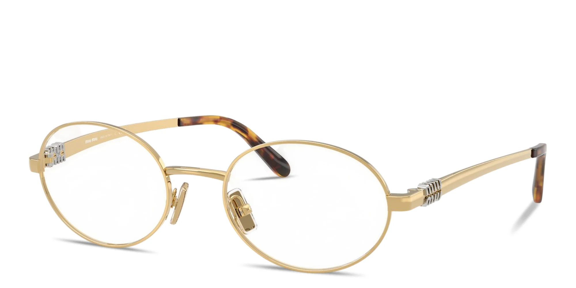 Shop MIU MIU Vertical Logo Oval Eyeglasses in Gold online.