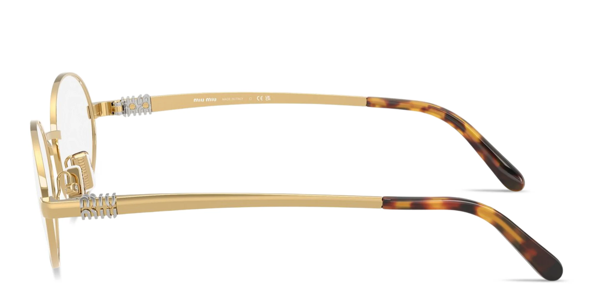 Shop MIU MIU Vertical Logo Oval Eyeglasses in Gold online.